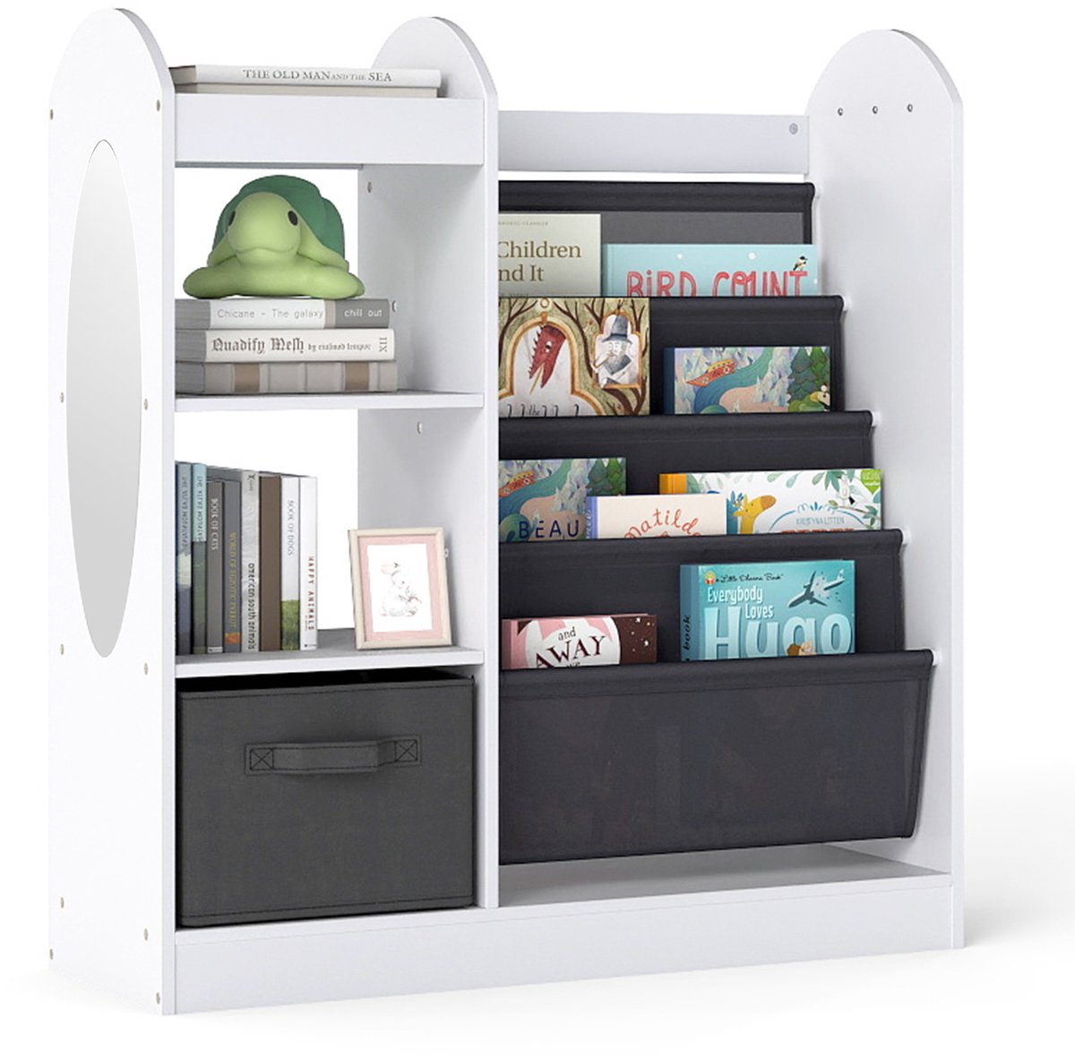 COSTWAY Boekenkast voor kinderen met spiegel, kinderrek met 4 lagen planken, stoffen lade en 3 haken, krantenstandaard, kinderboekenkast voor kinderkamer, speelkamer, 87,5 x 30 x 90 cm (wit)