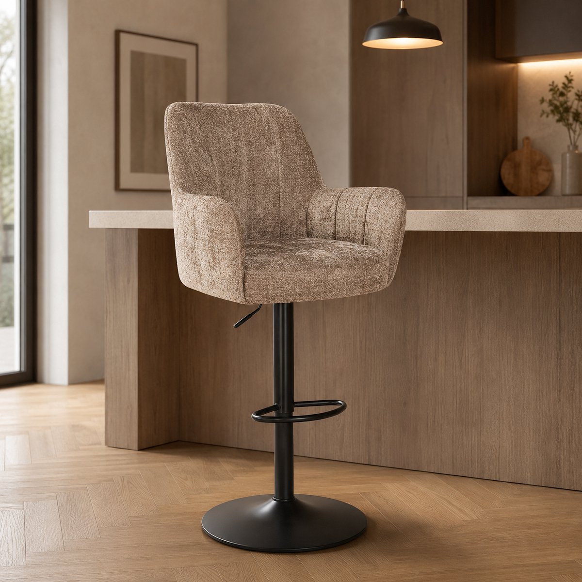 Barstoel William – Luxe Verstelbare Barkruk – Cremona Stof – 360° Draaibaar - Taupe
