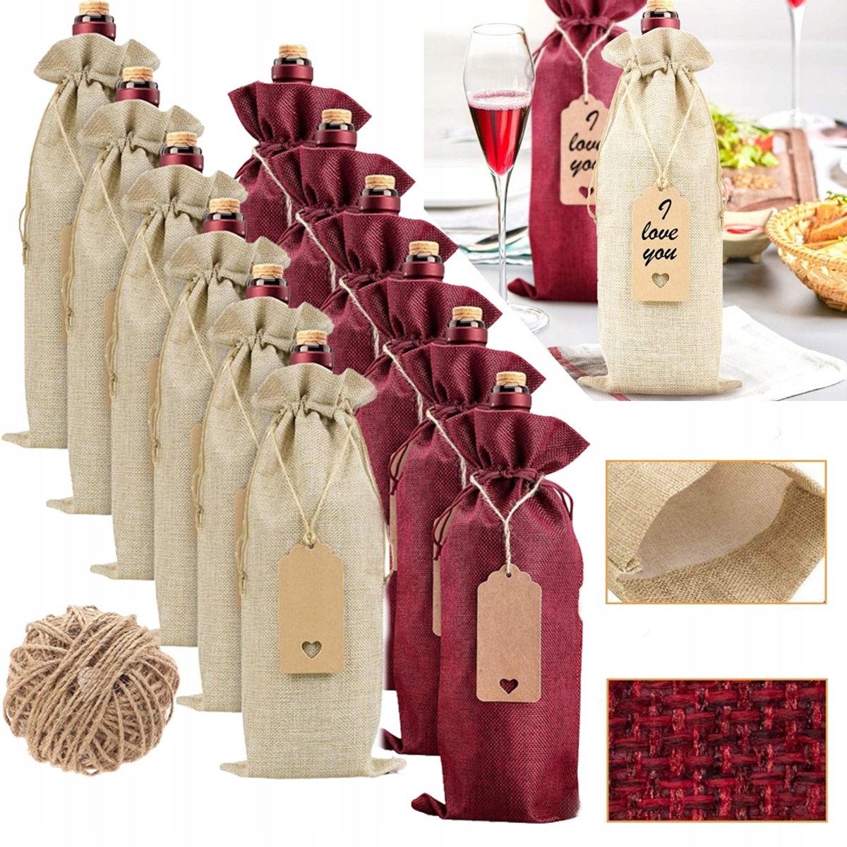 Wijnflestas Met Trekkoord Herbruikbare Geschenkverpakking - Jute Linnen Materiaal Ademend 15x35cm Wijnrood & Origineel Hennep - Voor Wijnflessen, Feestjes, Bruiloften En Kerst