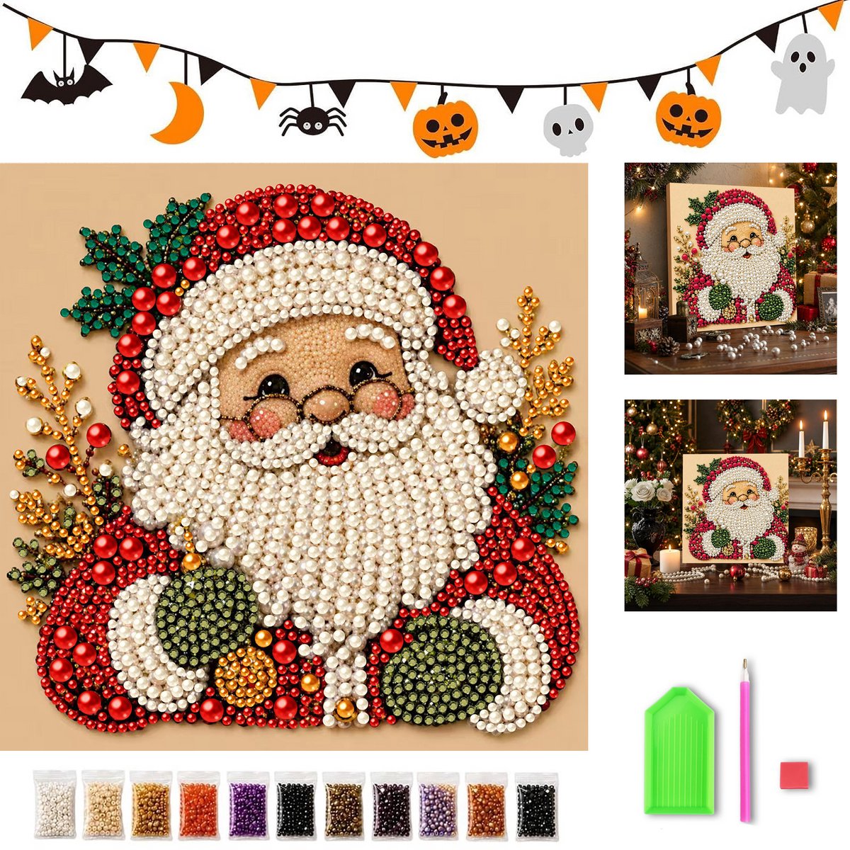 KZQ 3D Parelkunst DIY Set - Kerstman - 20x20 cm - Beginnersvriendelijk - Complete Set Met Parels & Gereedschap - Kerst Wanddecoratie
