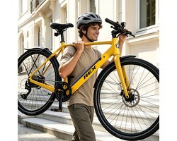 REX 16,5 kg Lichtgewicht Carbon Frame, koolstofvezelframe, 28 Inch Elektrische fietsen, 250W 40 Nm Achterwielmotor, Shimano Deore 10 Versnellingen, 52 cm Wave Frame, Elektrische Stadsfiets, Dames en Heren, Geel