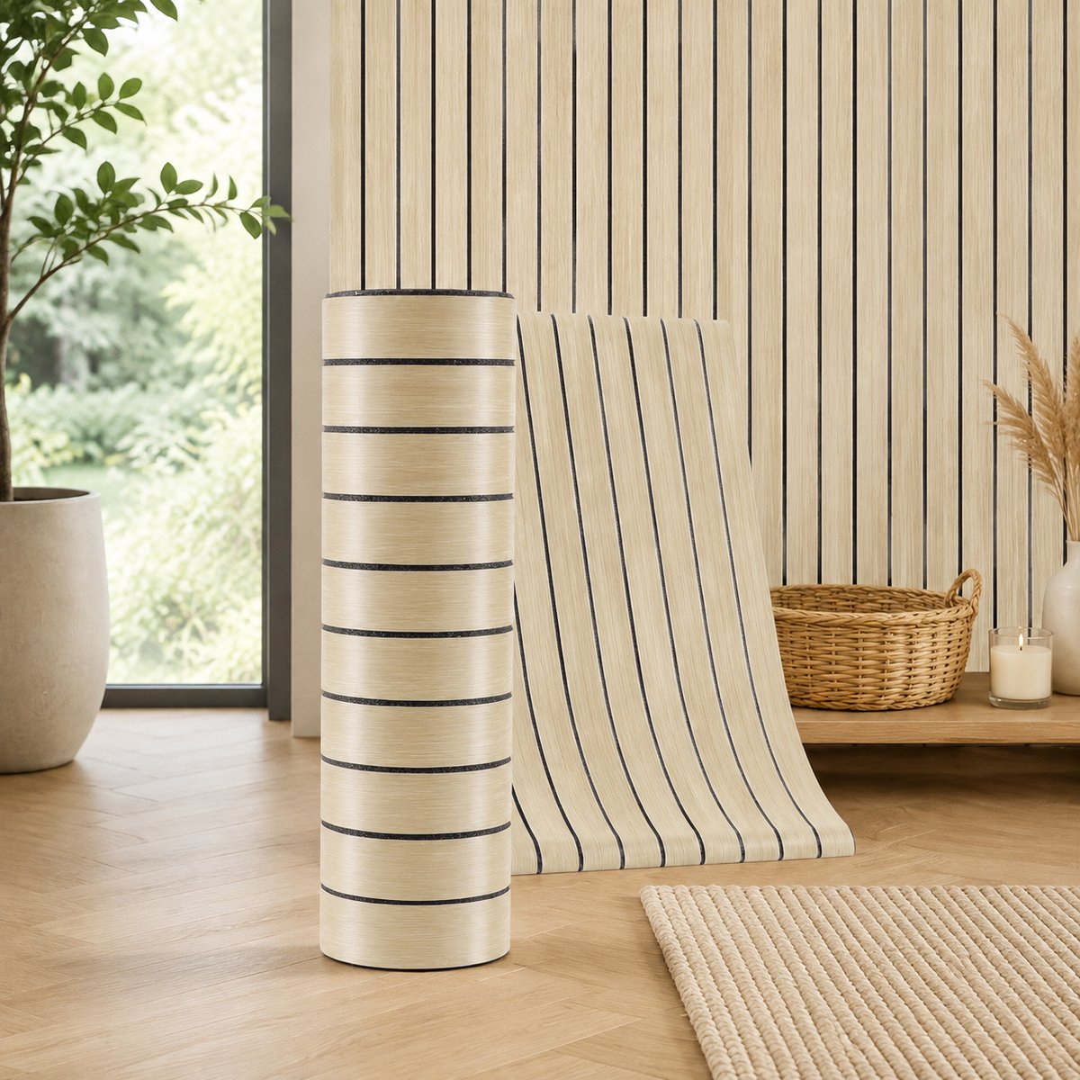 Lemlit 3D Zelfklevende Wandpanelen Houtlook - PVC Wandbekleding Lattenwand Look - 40 x 300 cm - Verwijderbaar Behang voor Woonkamer Keuken Slaapkamer - Beige