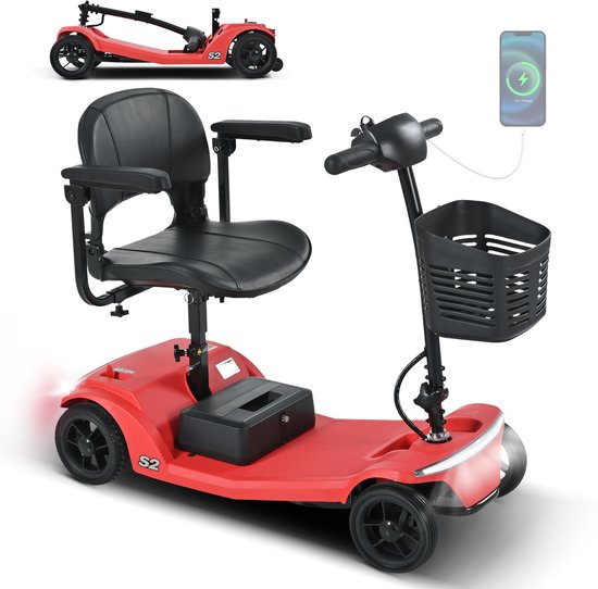 Rode scootmobiel met stoel, mandje en telefoon die wordt opgeladen