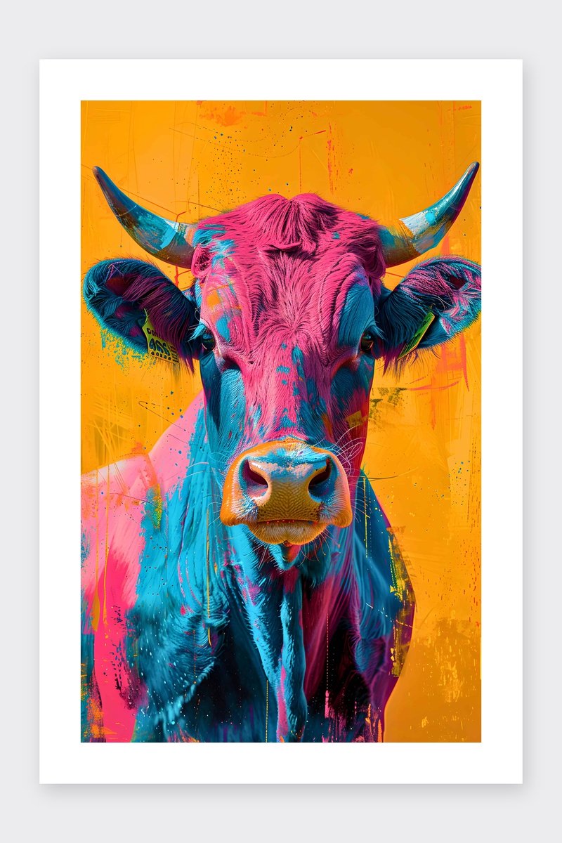 Koe Poster - Kleurrijk - Dieren - Boerderij - Natuur - Rustieke - posters - formaat 30x40cm - Wanddecoratie - BXS4232MT - Met kader - passe-partouts stijl