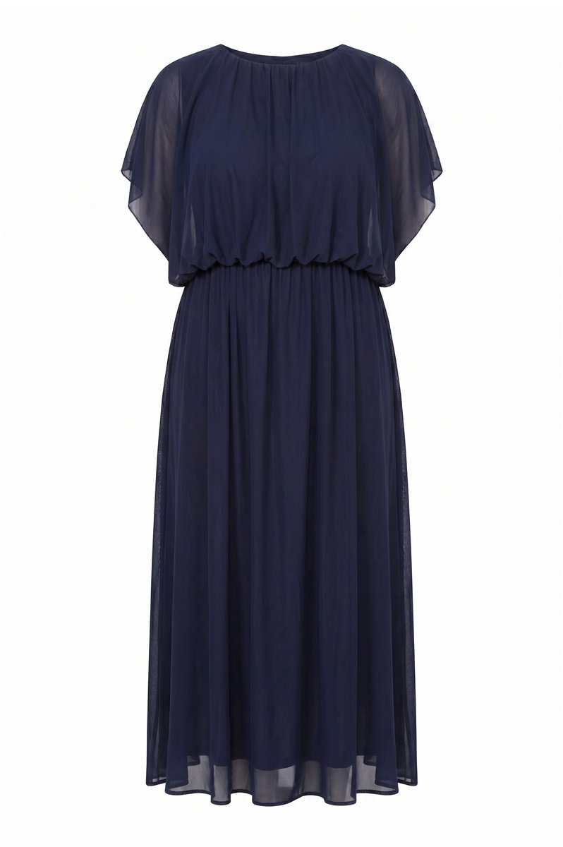 Ulla Popken - Dames - Maxi-jurk ballonmodel bovenstuk ronde hals mouwloos - Marine - Maat 54+