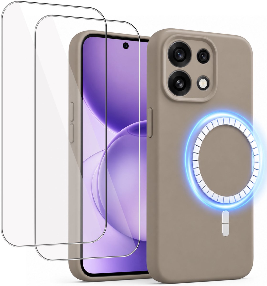 Hoesje + 2x Screenprotector geschikt voor Oppo Reno 16 Pro - Hoesje geschikt voor Magsafe - Draadloos opladen - Gehard Glas - Taupe