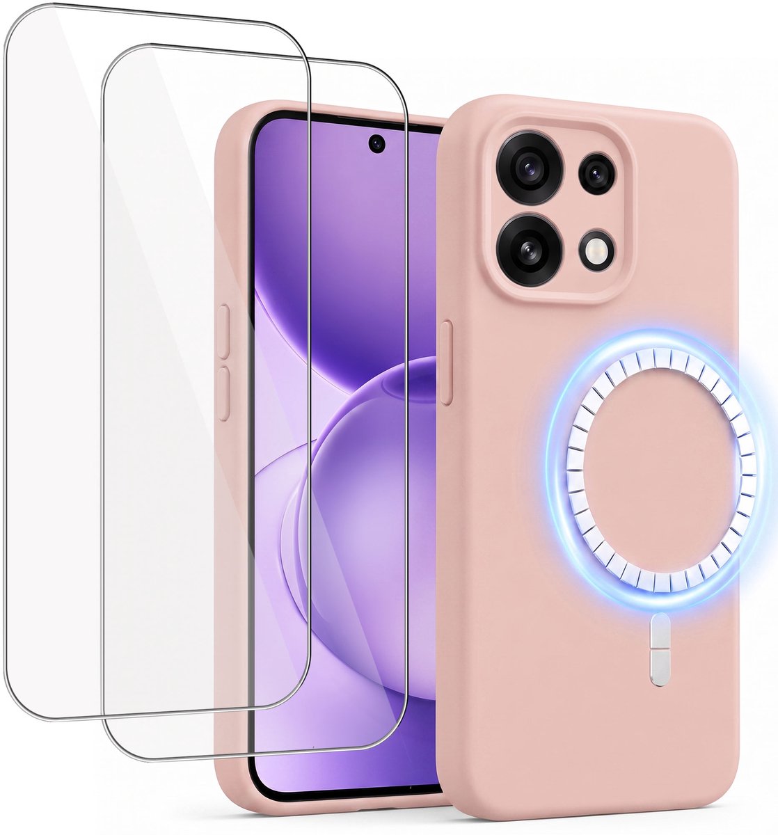 Hoesje + 2x Screenprotector geschikt voor Oppo Reno 16 Pro - Hoesje geschikt voor Magsafe - Draadloos opladen - Gehard Glas - Oud Roze