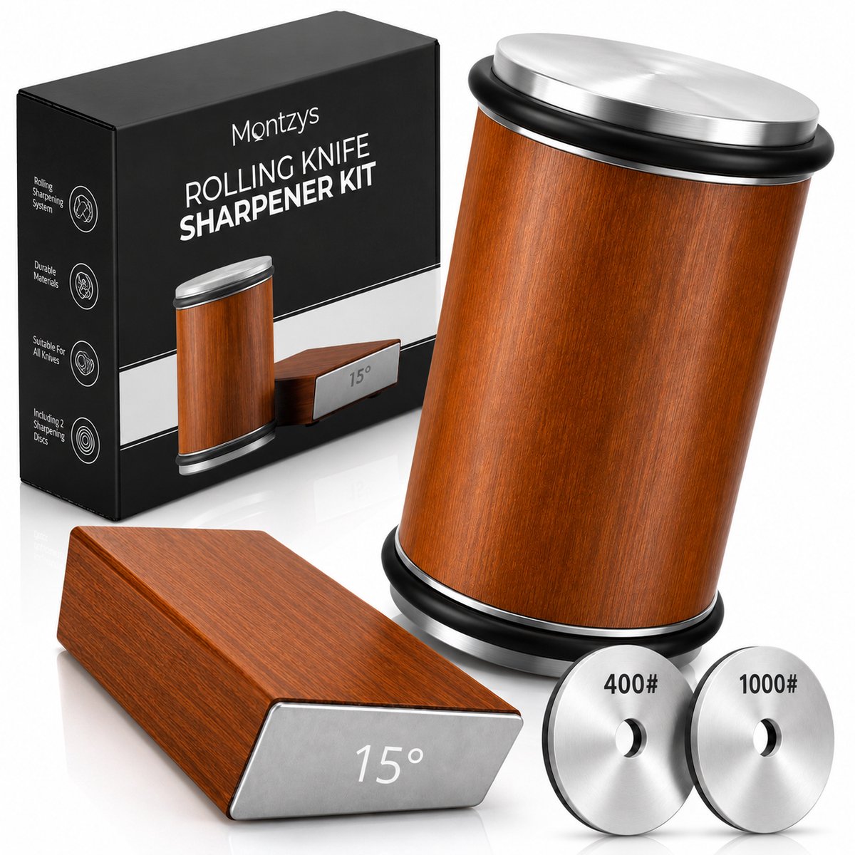 Montzys® Rollende Messenslijper met 2 Kanten - Slijpsteen & Aanzestaal voor Messen - Met keramische Schijf 400# & 1000#