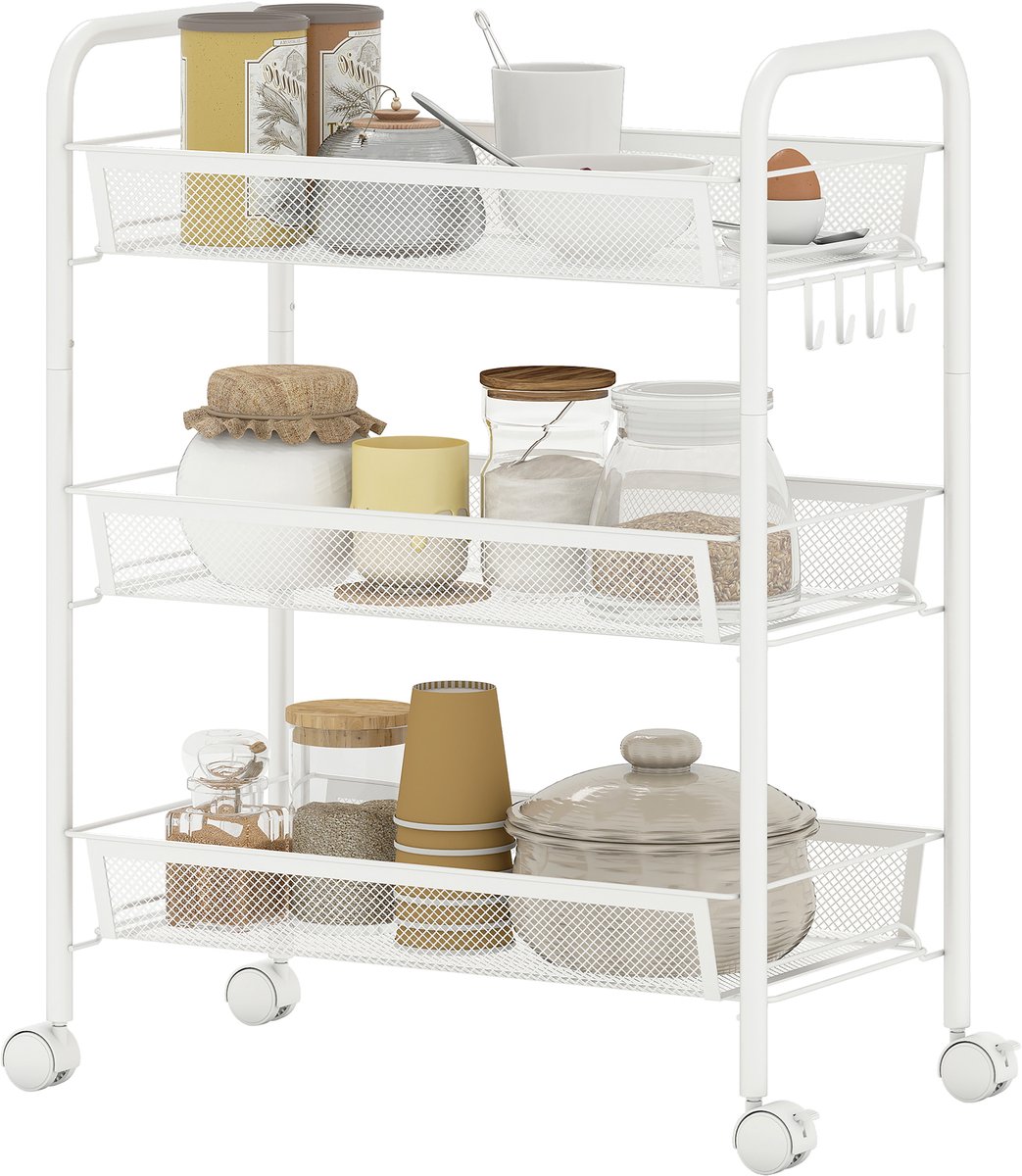 Trolley met 3 niveaus - metalen serveerwagen - keukentrolley Keukenplank met handgrepen - 2 remmen - 45 x 26,5 x 63 cm - Wit