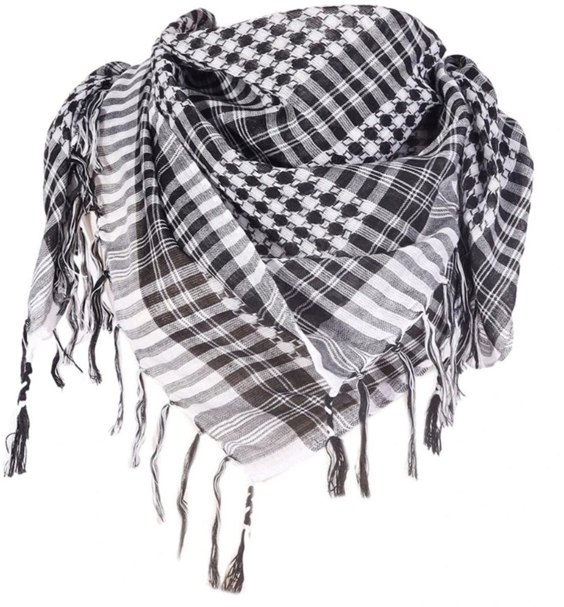 Vierkante sjaal‑hoofddoek (turban‑sjaw), afmeting 105 × 105 cm, leverbaar in de kleuren zwart, wit en grijs, veelzijdig als hoofdbedekking en hals‑sjaal.
