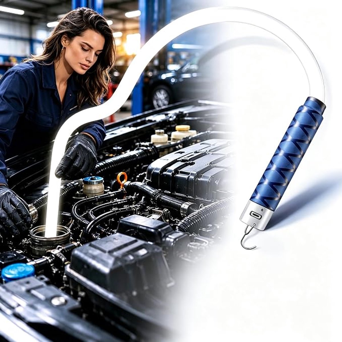 Flexibele LED-inspectielamp 28 inch, 1200 lm oplaadbare werklamp met 3 lichtstanden, USB-C, IPX6 waterbestendig en antisliphandgreep, buigbare werkverlichting voor monteurs, autoreparatie en krappe ruimtes, blauw