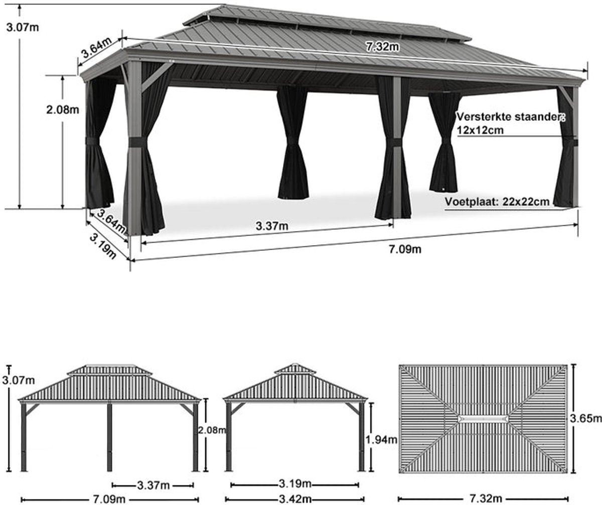 Purple Leaf Hardtop pavillon 7,35 x 3,65 m - gris clair luxe avec éclairage