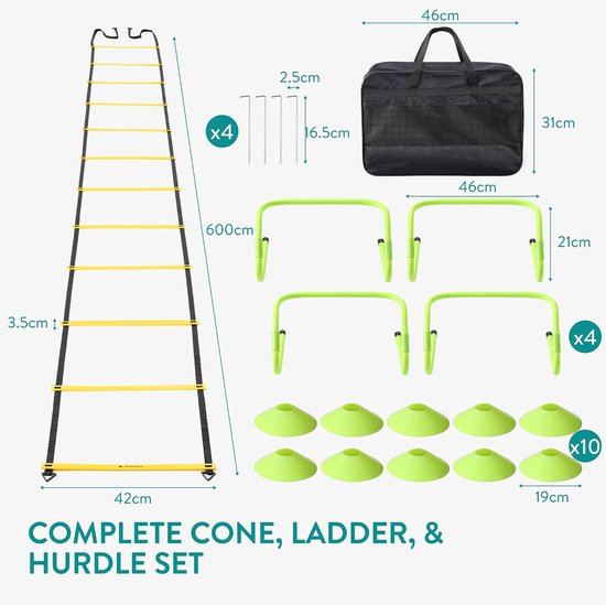 Trainingsset Hordes - Speedladder Pionnen - Sport Training Verbeteren - Verstelbare Afstanden - 6 Meter Ladder - Geel — afbeelding 5