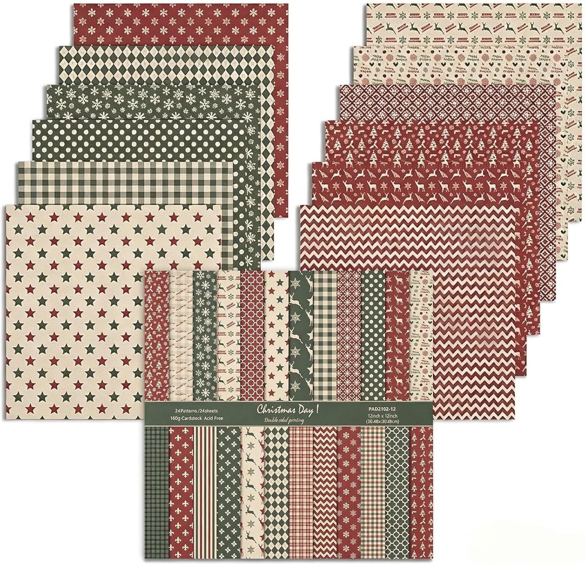 Kerst Scrapbookpapier Set van 24 Dubbelzijdige Patronen voor Kaarten en DIY Albums, 30,5 x 30,5 cm