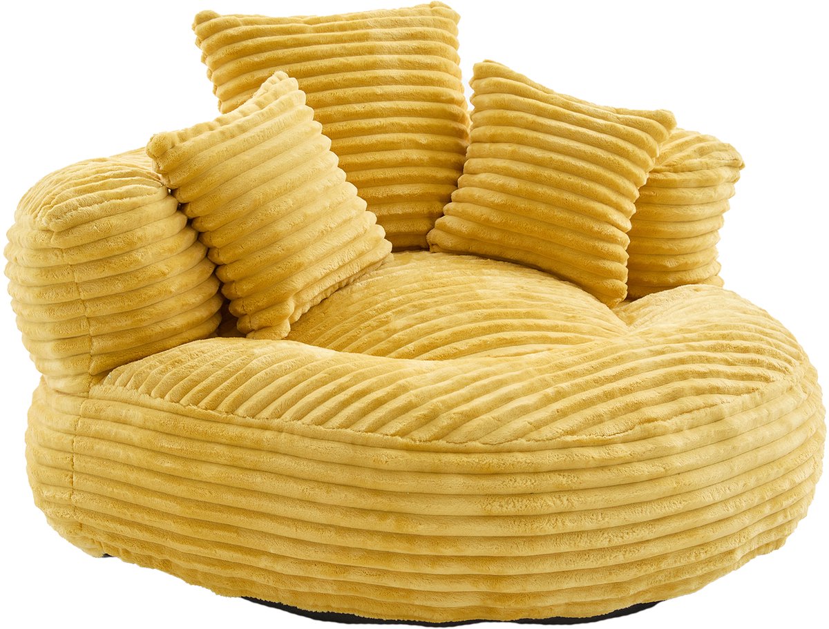 Ropilly Gele ribfluweel zitzak - Zitzak met hoge rugleuning - Ergonomisch ontwerp - Inclusief drie kussens - 250kg draagvermogen - Woonkamer - 108x108x52cm - Geel Mosterdgeel
