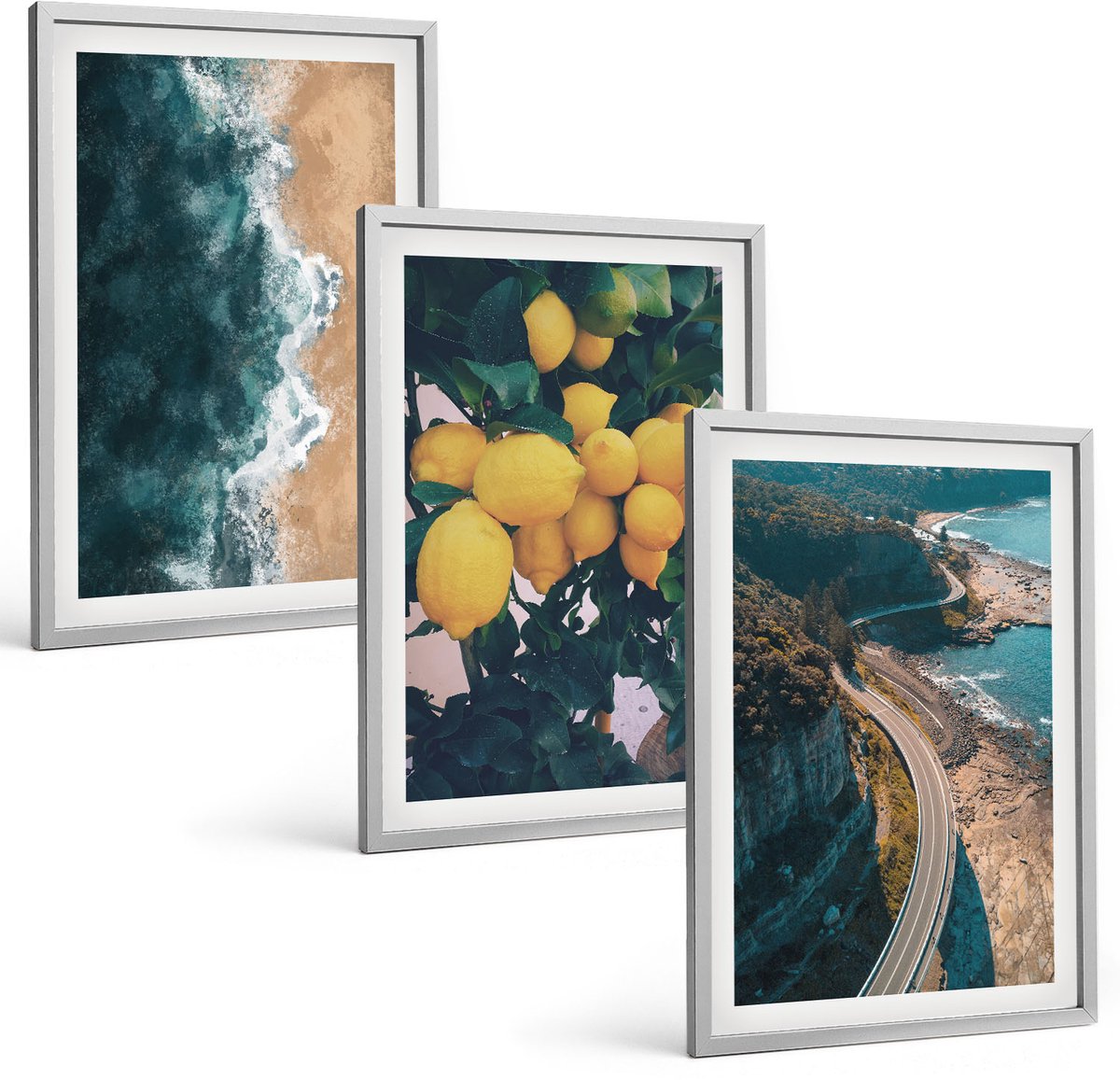 Coloray 3-Delige Schilderij Set - Zeestrand Citroenen Berglandschap Kustweg - 40 x 60 cm - Wanddecoratie - Schilderijen Set - Interieur - Moderne Wanddecoratie