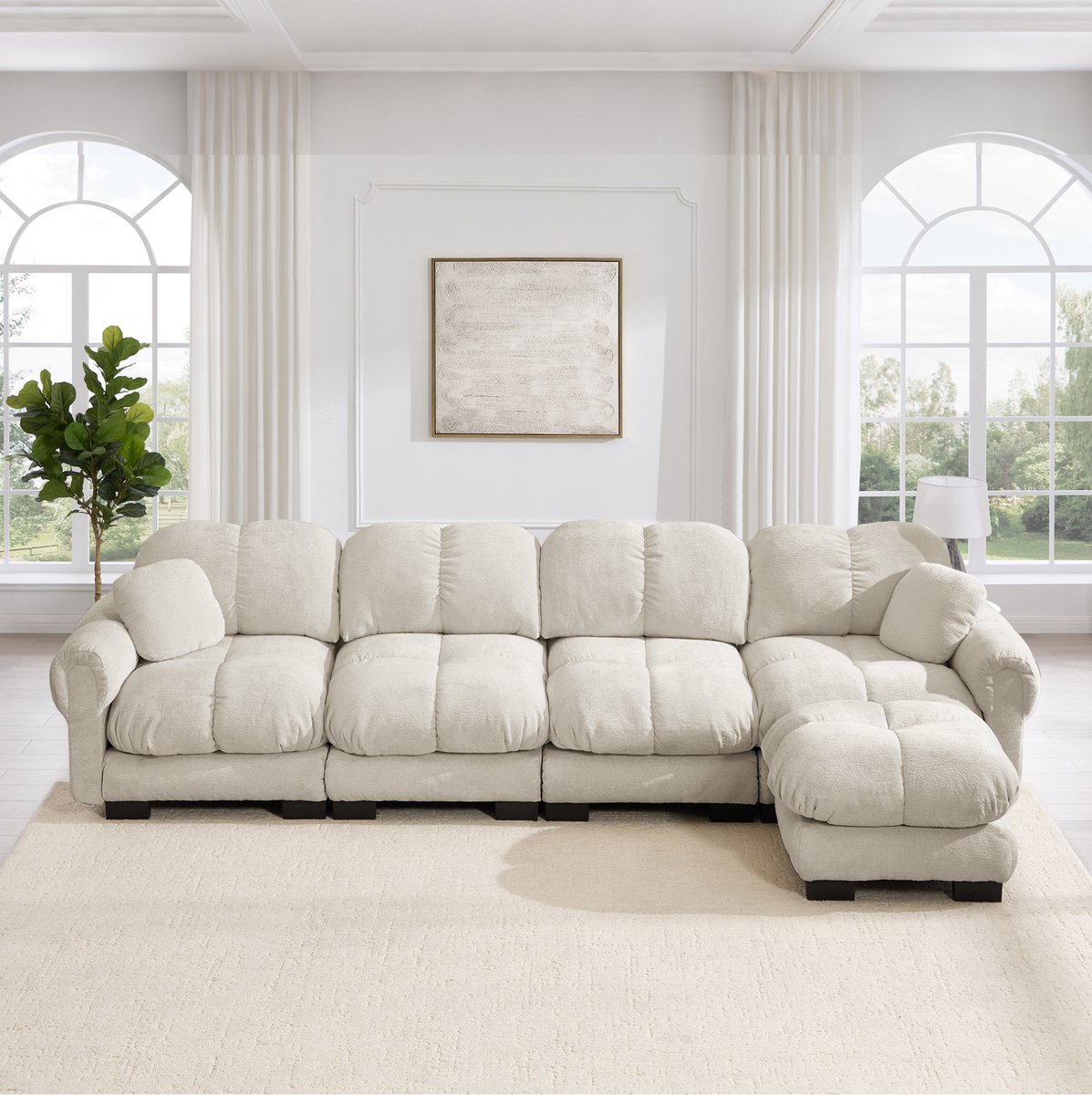 REDOM - Hoekbank - Modulair L-vormig ontwerp - Met verplaatsbare ottomane - Gestikt patroon - Woonkamer - Chenille - Licht kaki - 330 x 149 x 90 cm