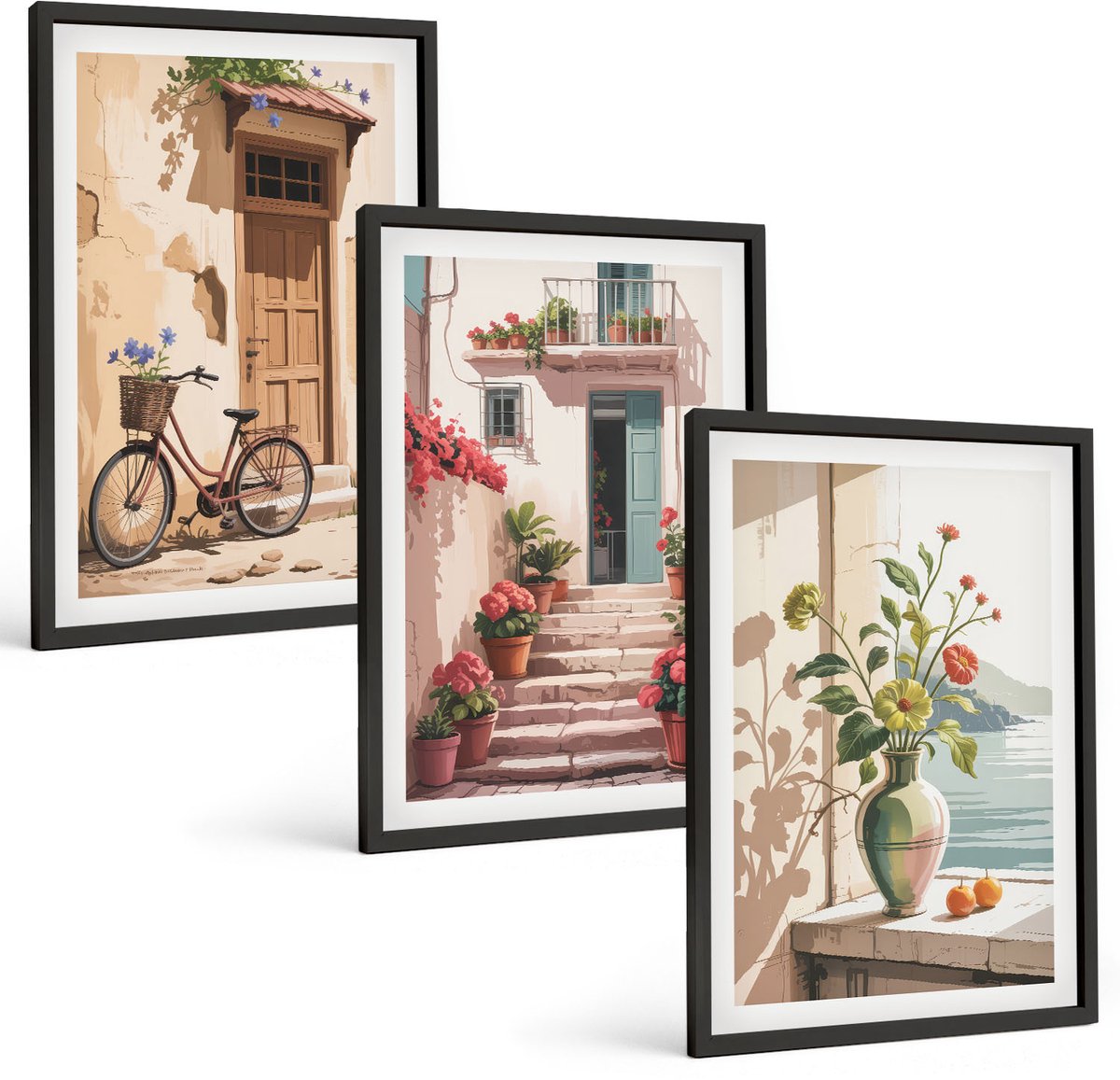 Coloray 3-Delige Schilderij Set - Geschilderde Straten Met Bloemen En Een Fiets - 40 x 60 cm - Wanddecoratie - Muurdecoratie - Woonkamer - Stijlvolle Muurdecoratie