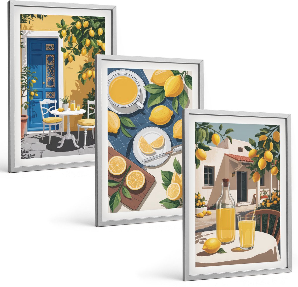 Coloray 3-Delige Schilderij Set - Lemonade, Italiaans Uitzicht En Een Zonnig Terras - 40 x 60 cm - Muurdecoratie - Wanddecoratie - Slaapkamer - Interieur Decoratie