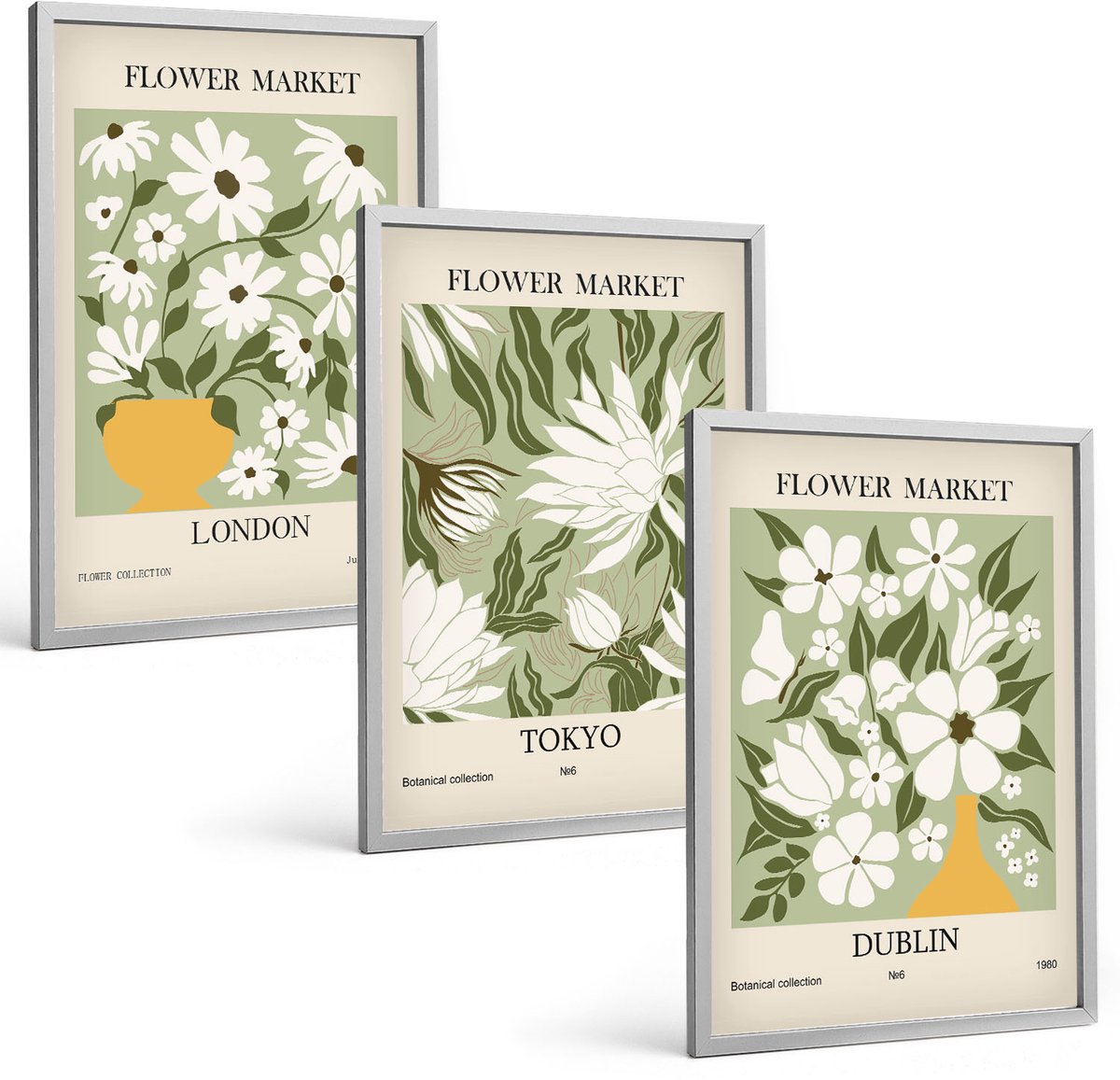 Coloray 3-Delige Schilderij Set - Bloemenposterontwerpen Londen Tokio Dublin - 40 x 60 cm - Wanddecoratie - Muurdecoratie - Moderne Interieurdecoratie - Stijlvolle Muurdecoratie