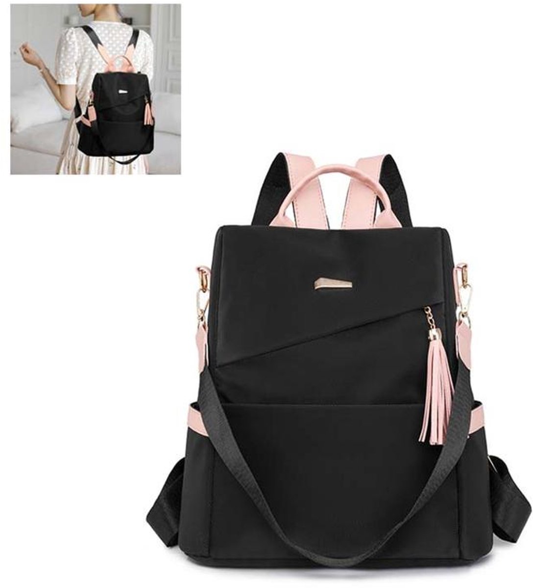KZQ Mini damesrugzak - Tote bag - Lichtgewicht nylon met waterflesvak en antidiefstalfunctie - Geschikt voor reizen en dagelijks gebruik - Zwart/Roze