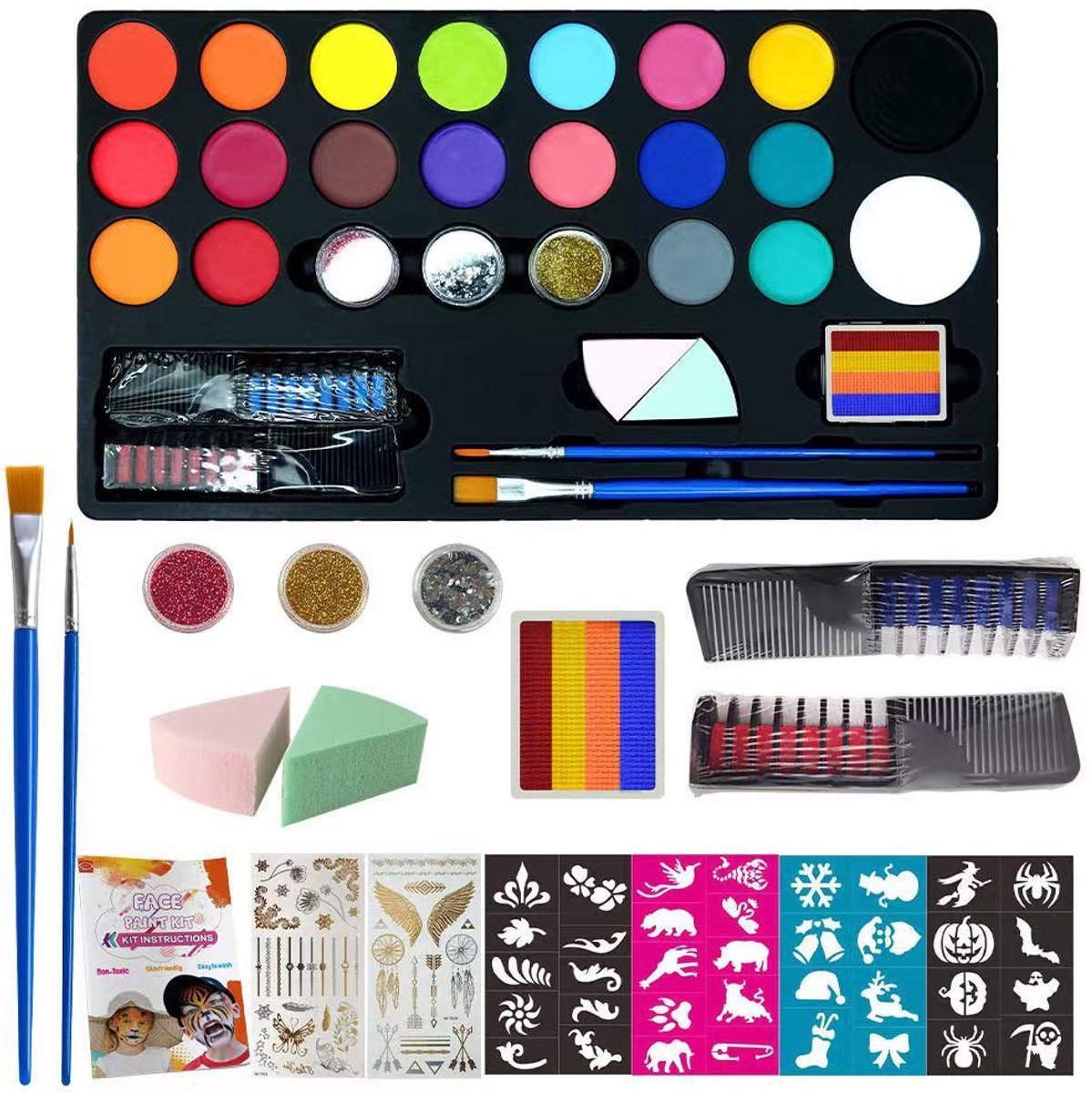 casalora - Schmink Kinderen -20 kleuren & 2penselen op waterbasis- veiligheidscertificering- Schminkset - Make up Kinderen - Face paint palette - Grime Schmink palet - Kinderschmink voor mooi grimas
