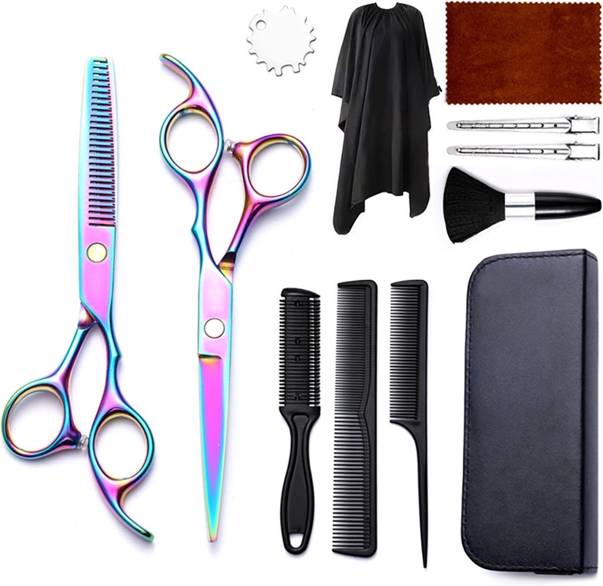 Kappersset - Kappersschaar - Kappersmantel - Kappersschaar rechtshandig - Haarknipschaarset 11 stuks - Professionele Kappersschaar - Haarschaar van roestvrij staal - Haarsnitaccessoires in leren etui voor salon/thuis - Uitdunkam