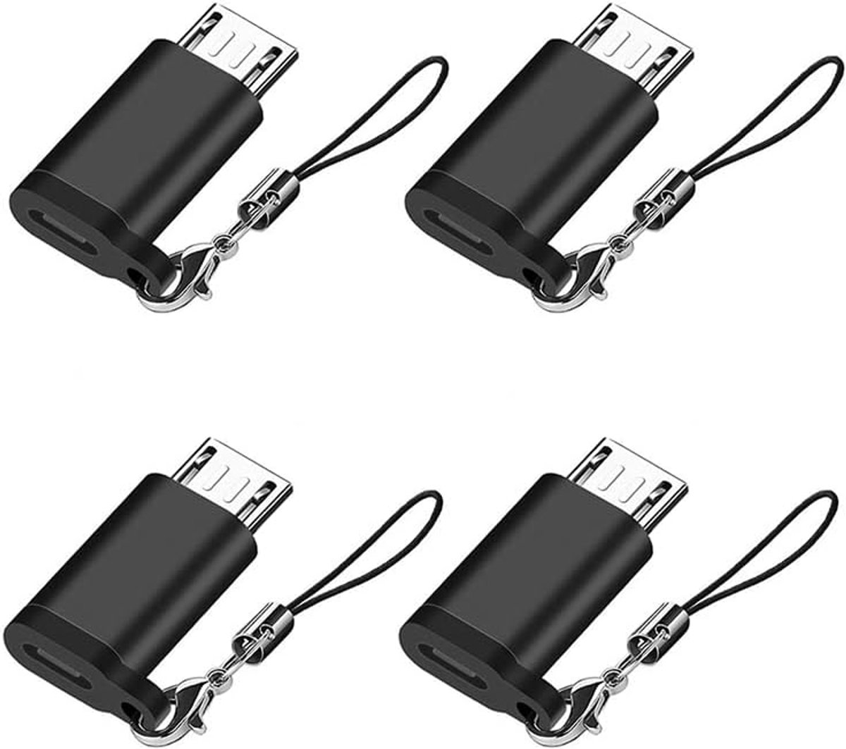 USB C naar Micro USB Adapter (4 pakketten), Seminer Type C Female naar Micro USB Male Convert Connector met Lanyard Compatibel met Samsung Galaxy S7/S7 Edge, Huawei en Micro USB-Apparaten, Zwart