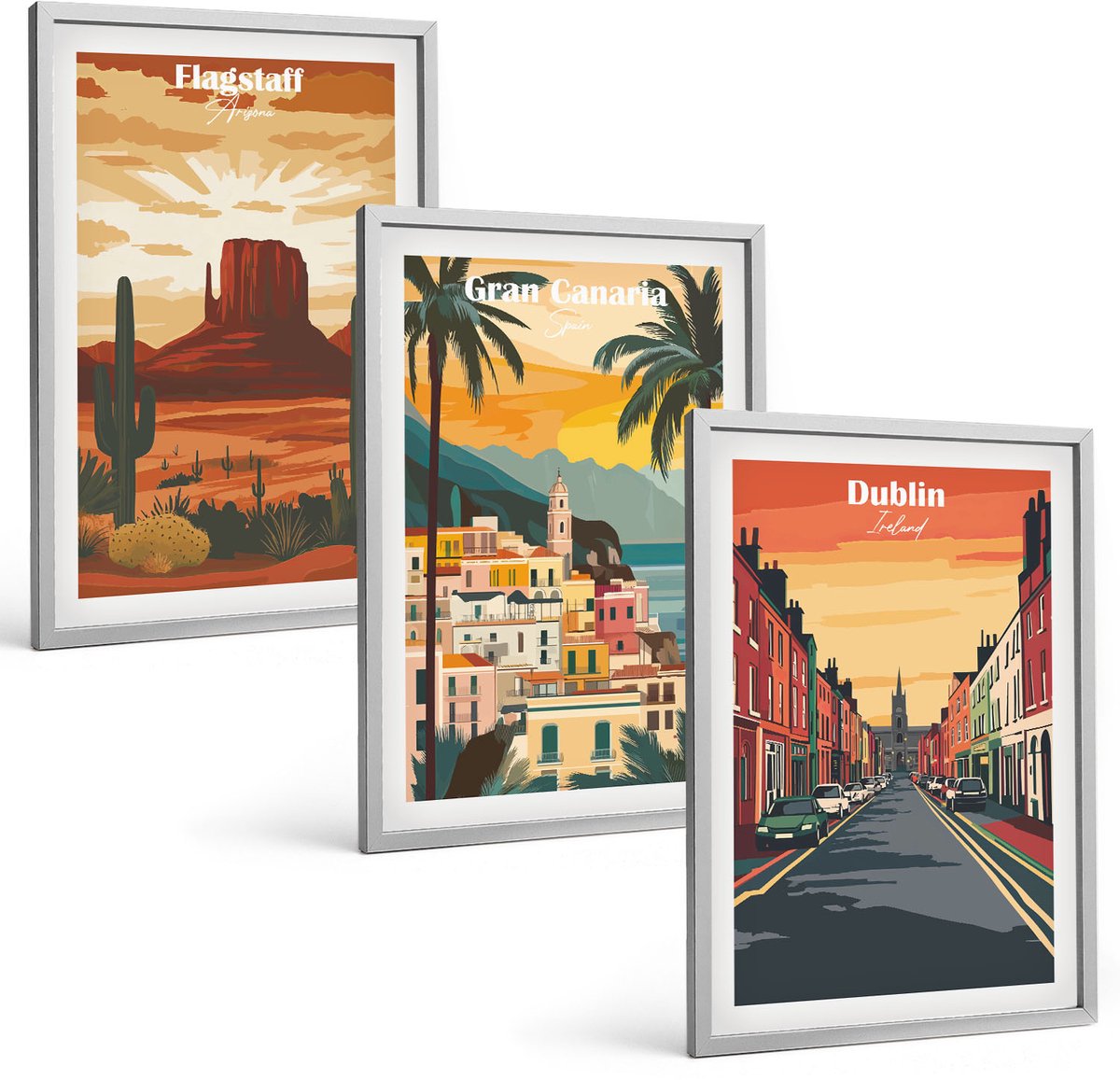 Coloray 3-Delige Schilderij Set - Stads- En Natuurlandschappen In Warme Kleuren - 40 x 60 cm - Muurdecoratie - Wanddecoratie - Hal - Interieur Decoratie