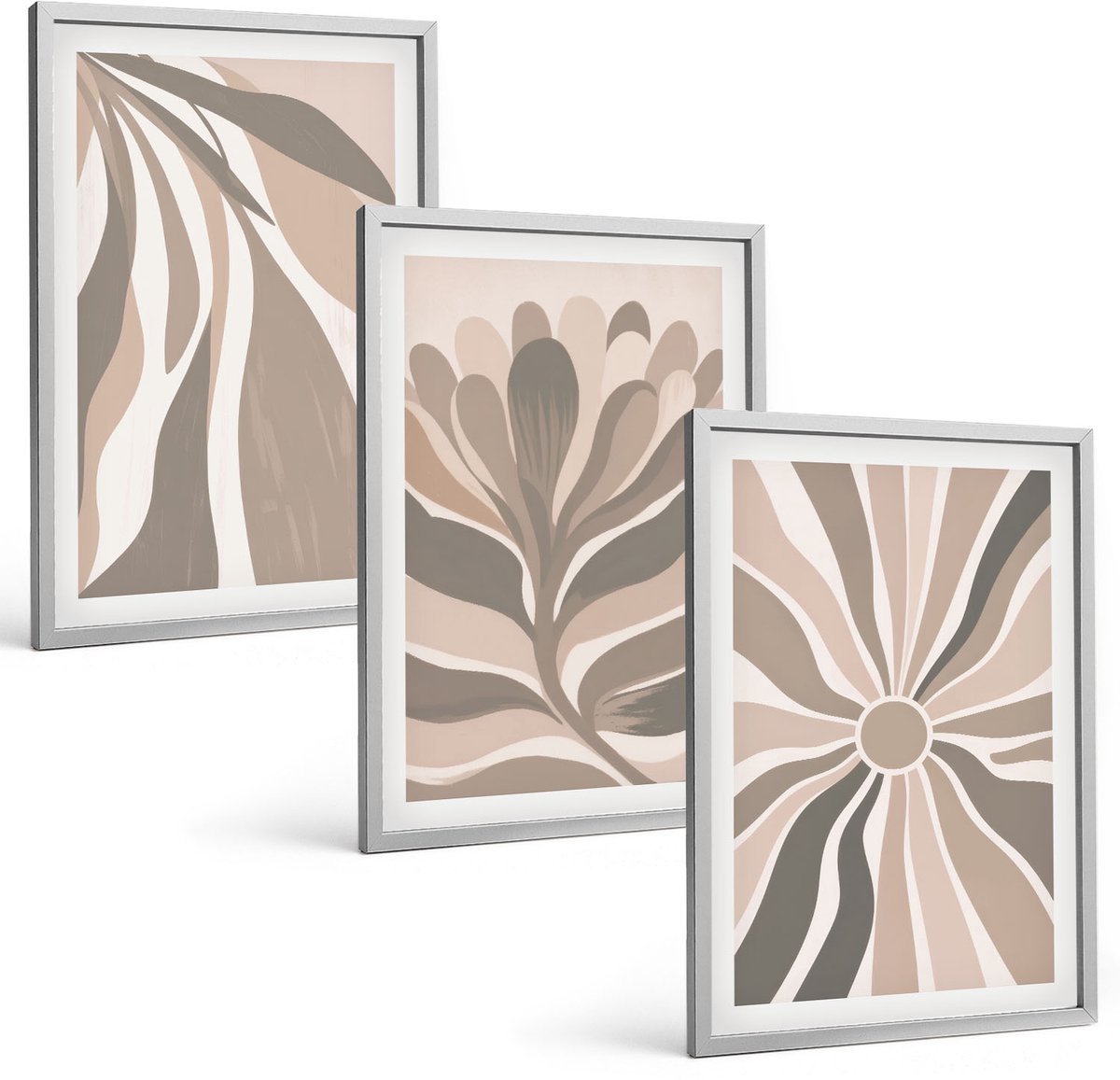 Coloray 3-Delige Schilderij Set - Abstracte Plantpatronen In Beige En Bruine Tinten. - 40 x 60 cm - Moderne Wanddecoratie - Woonkamer