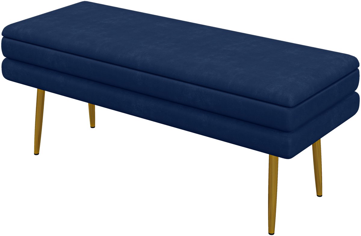 Opbergbank met zachte bekleding - fluwelen stof - met metalen poten - rechthoekige opbergbak - met opbergruimte - donkerblauw