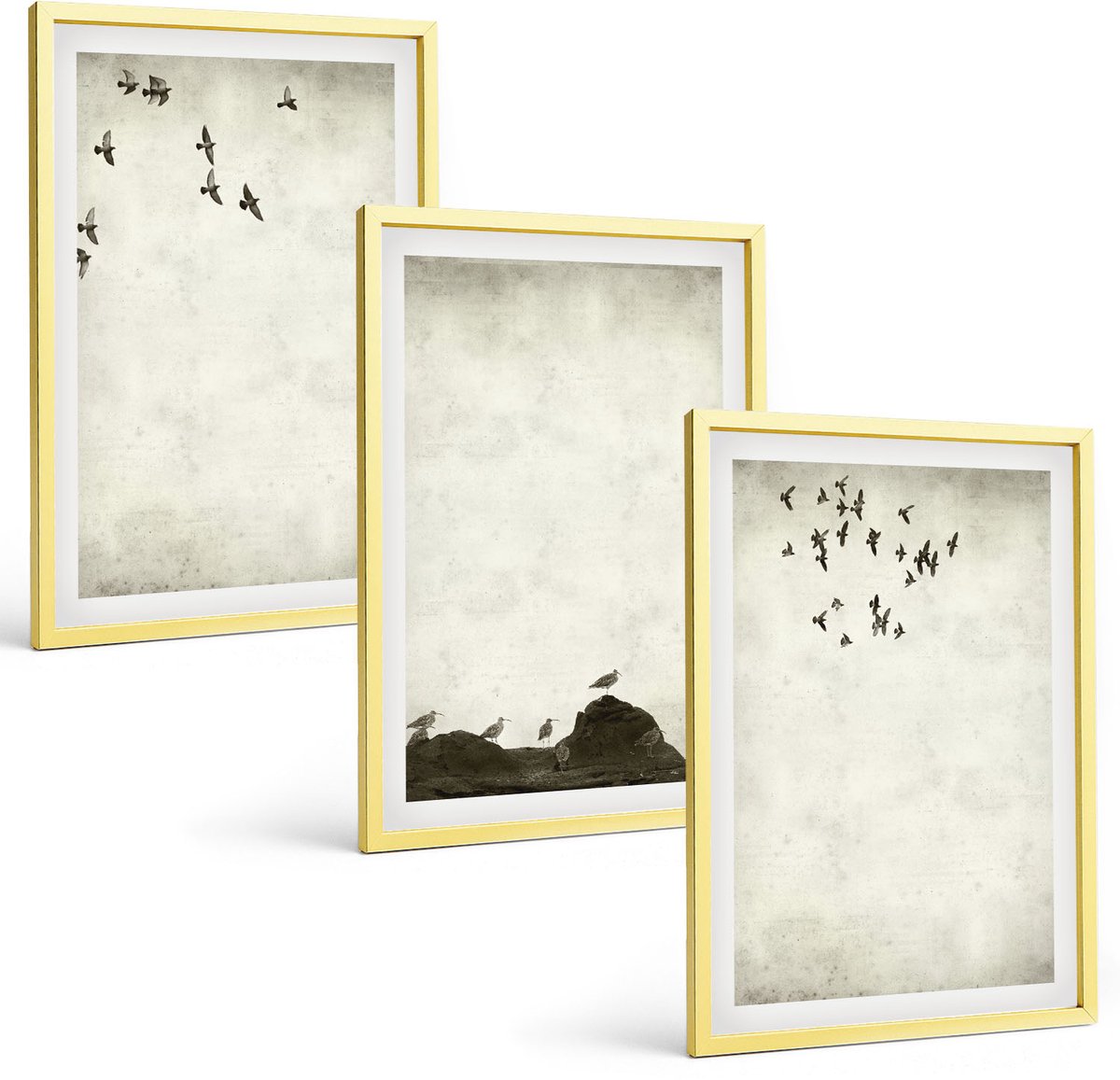 Coloray 3-Delige Schilderij Set - Vliegende Zwerm Vogels, Industriële Texturen - 40 x 40 cm En 40 x 60 cm - Schilderijen Set - Wanddecoratie - Woonkamer - Interieur Decoratie
