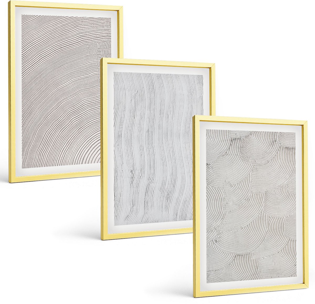 Coloray 3-Delige Schilderij Set - Patronen In Het Zand: Lineaire Geometrische Structuren - 40 x 40 cm En 40 x 60 cm - Stijlvolle Muurdecoratie - Kantoor
