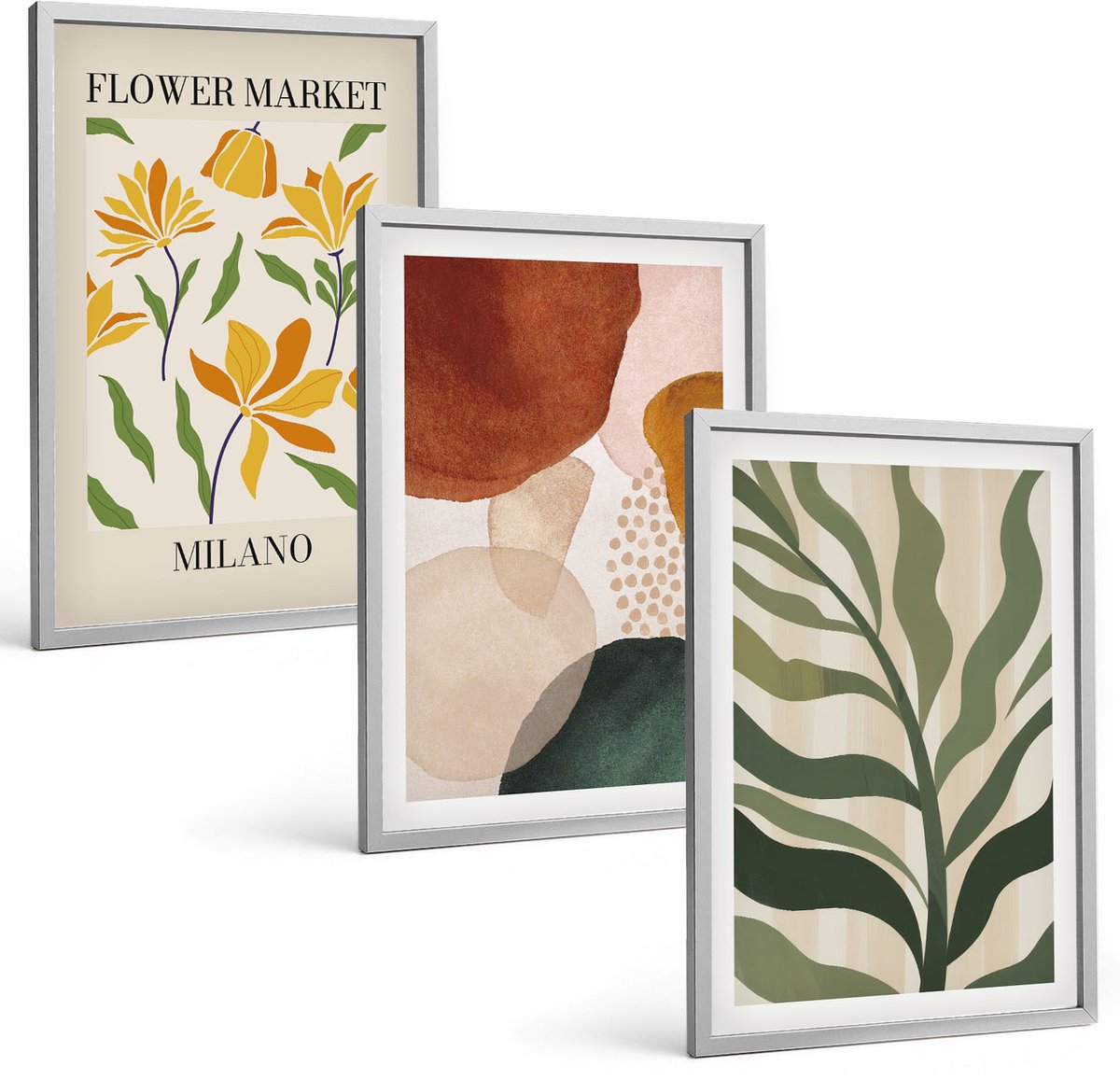 Coloray 3-Delige Schilderij Set - Bloemmotieven Met Abstracte Vormen En Bladeren - 40 x 60 cm - Wanddecoratie - Muurdecoratie - Moderne Interieurdecoratie - Interieur Decoratie