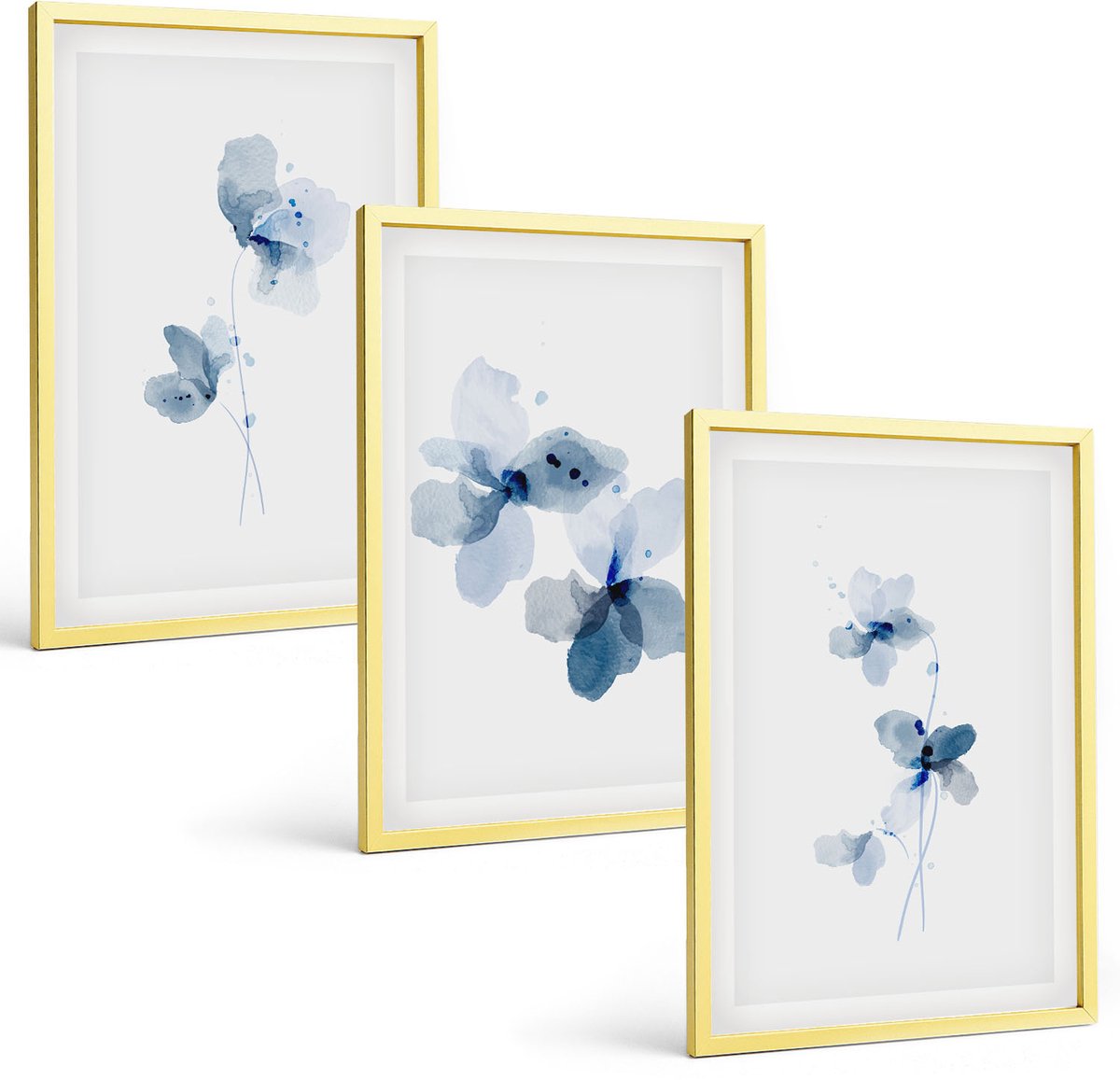 Coloray 3-Delige Schilderij Set - Minimalistische Aquarelbloemen In Blauwe Tinten - 40 x 40 cm En 40 x 60 cm - Decoratieve Muurdecoratie - Slaapkamer