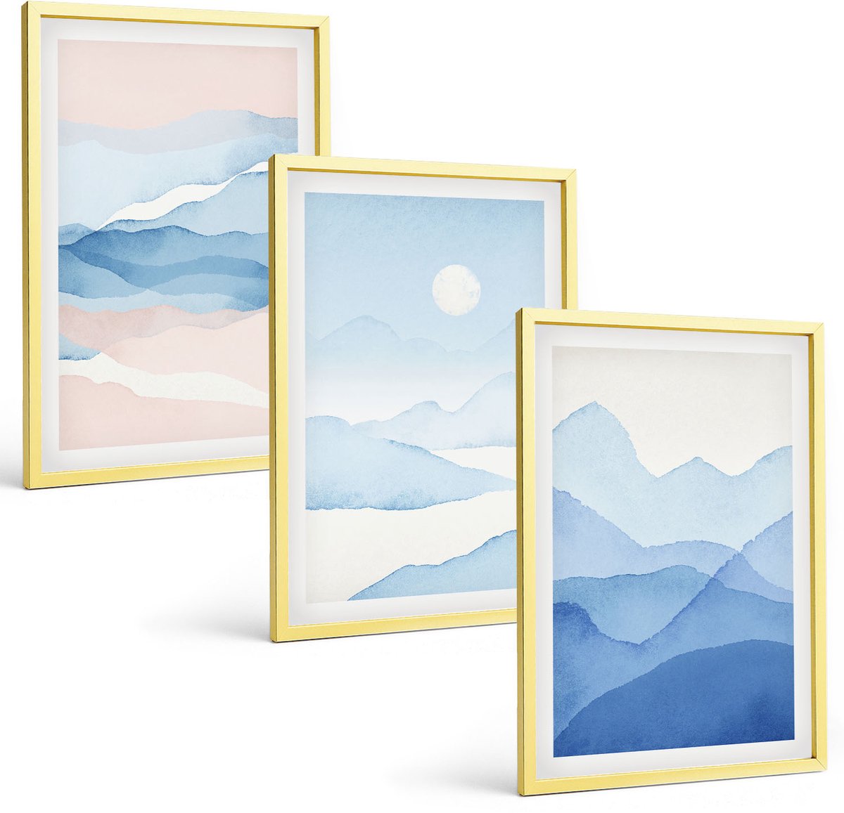 Coloray 3-Delige Schilderij Set - Verfijnde Berglandschappen Met Planten In Aquarel. - 40 x 40 cm En 40 x 60 cm - Stijlvolle Muurdecoratie - Slaapkamer - Decoratieve Schilderijen