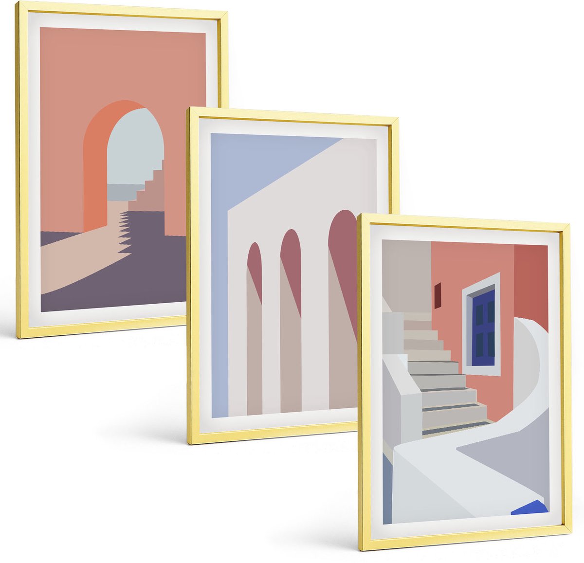 Coloray 3-Delige Schilderij Set - Illustraties Van Stedelijke Architectuur In Minimalistische Stijl - 40 x 40 cm En 40 x 60 cm - Muurdecoratie - Wanddecoratie - Hal - Stijlvolle Muurdecoratie