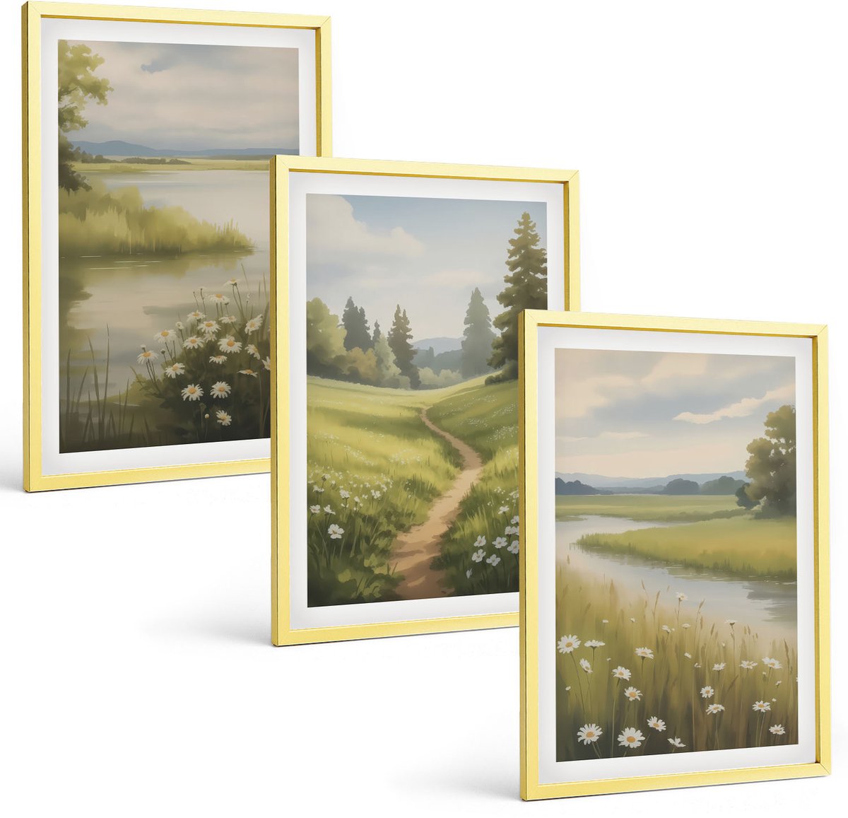 Coloray 3-Delige Schilderij Set - Bloemencomposities In Roze En Witte Tinten. - 40 x 40 cm En 40 x 60 cm - Muurdecoratie - Wanddecoratie - Hal
