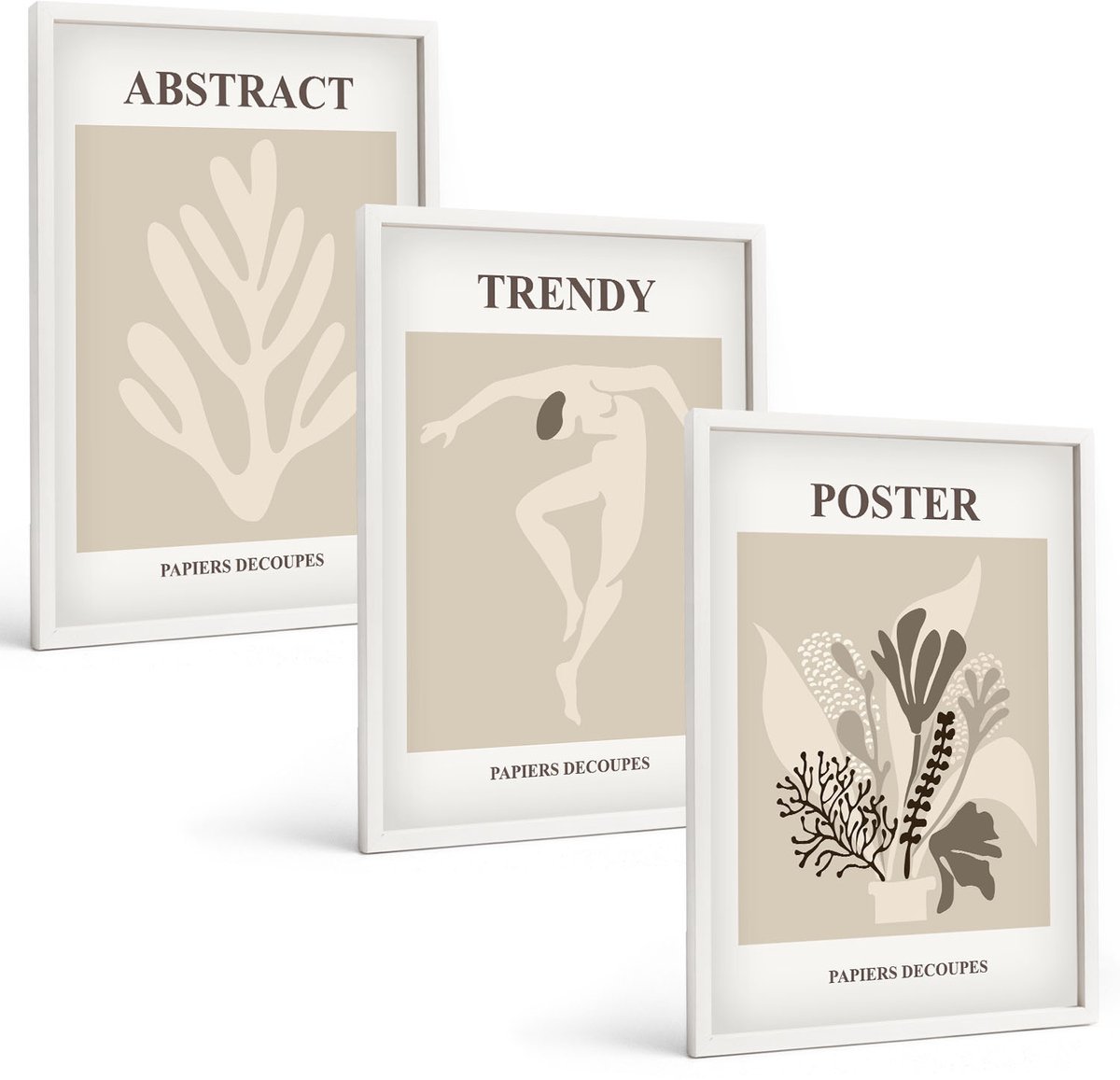 Coloray 3-Delige Schilderij Set - Plantenpatronen In Beige En Bruine Tinten - 40 x 60 - Moderne Wanddecoratie - Woonkamer