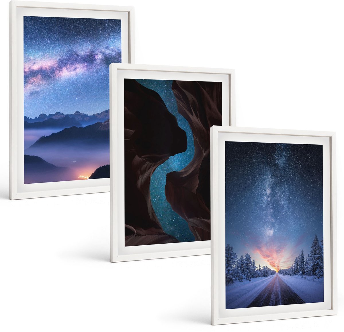 Coloray 3-Delige Schilderij Set - Nachtelijke Hemel, Bergen, Kloof En Winterlandschap - 40 x 60 - Wanddecoratie - Woonkamer Decoratie - Decoratieve Schilderijen