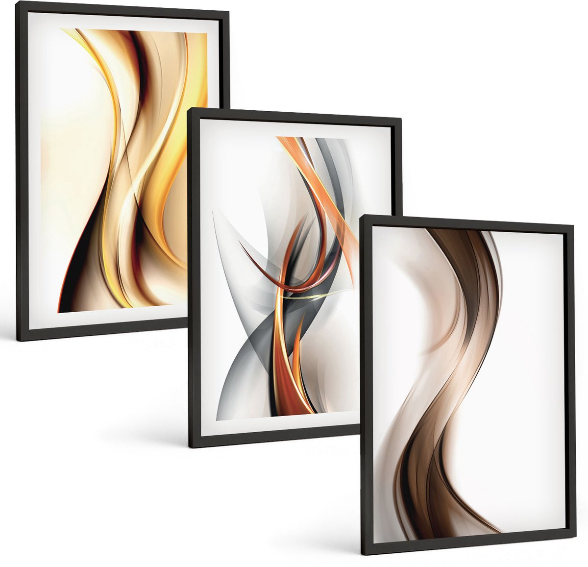 Coloray 3-Delige Schilderij Set - Golven In Tinten Geel, Grijs En Bruin. - 40 x 60 cm - Decoratieve Schilderijen - Wanddecoratie - Hal