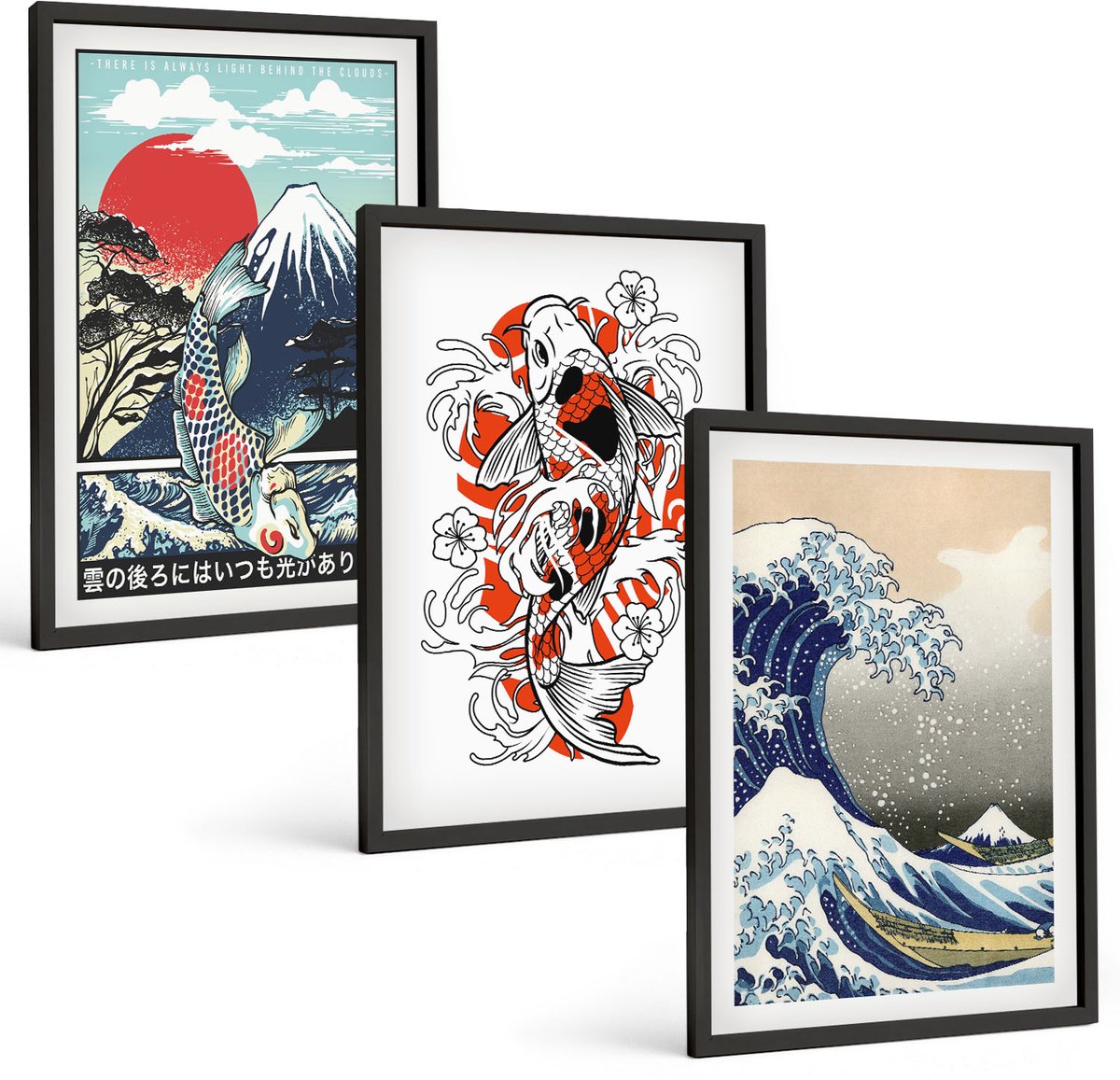 Coloray 3-Delige Schilderij Set - Illustraties Van De Visbergen En De Grote Golf Voor De Kust Van Kanagawa In Japanse Stijl. - 40 x 60 cm - Decoratieve Schilderijen - Wanddecoratie - Hal - Interieur Decoratie