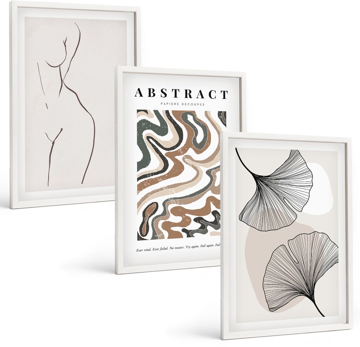Coloray 3-Delige Schilderij Set - Abstracte Poster Met Vrouwelijke Vormen En Bladeren In Boho-Stijl. - 40 x 60 - Stijlvolle Muurdecoratie - Kantoor - Decoratieve Schilderijen