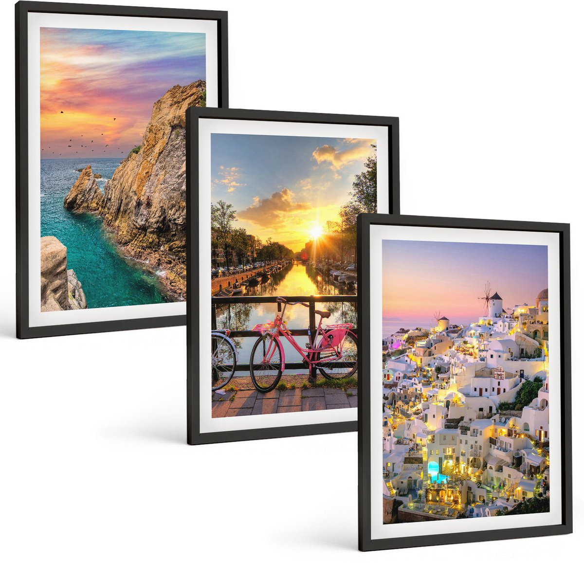 Coloray 3-Delige Schilderij Set - Uitzicht Op Zee Met Zonsondergang En De Stad - 40 x 60 cm - Decoratieve Schilderijen - Woonkamer - Interieur - Wanddecoratie