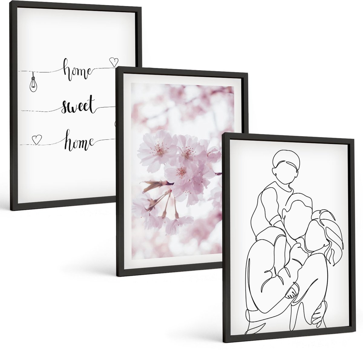 Coloray 3-Delige Schilderij Set - Bloemen En Familie In Minimalistisch Design. - 40 x 60 cm - Stijlvolle Muurdecoratie - Slaapkamer - Interieur Decoratie