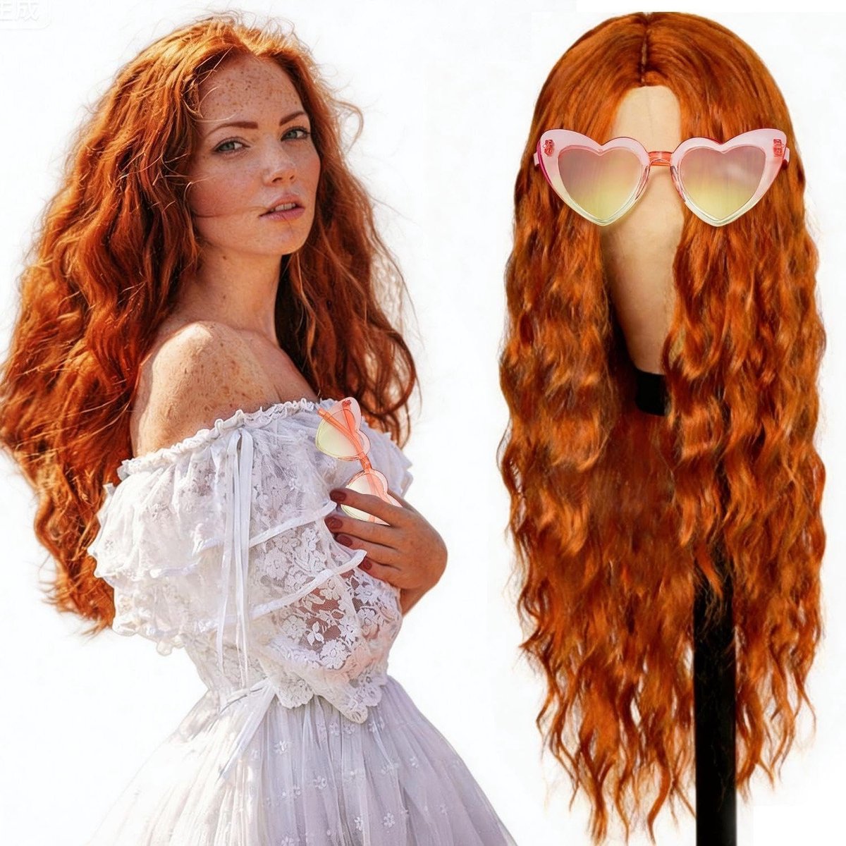 Kleurige Krullende Haarset - Oranje - 70 cm - Kunstvezel met Inclusief Bril - Voor Rollenspel en Fotografie