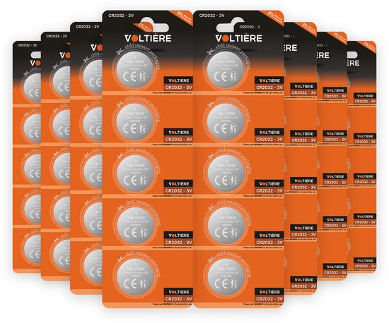 40-pack Voltière CR2032 knoopcelbatterijen in kindveilige verpakking.