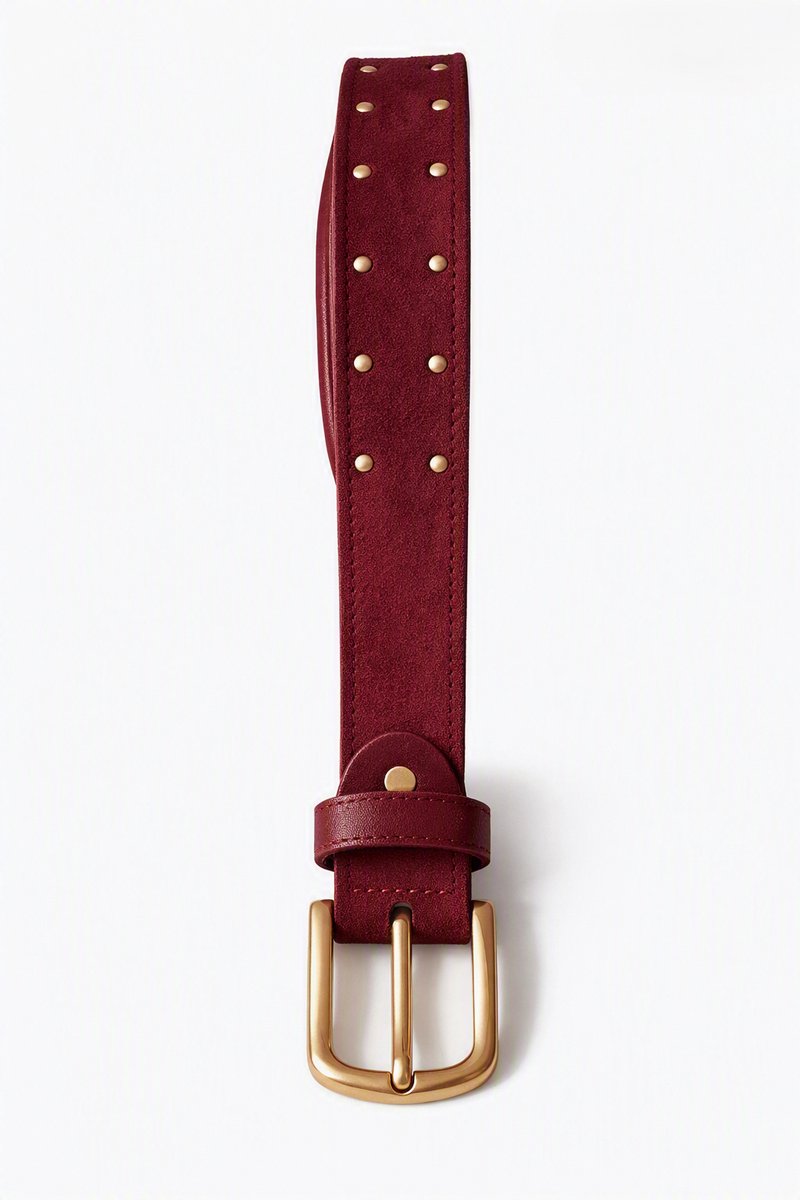 SH-Leer met Suèdine-dames riem-met studs-gouden gesp-85-90-95-100cm-Bordeaux