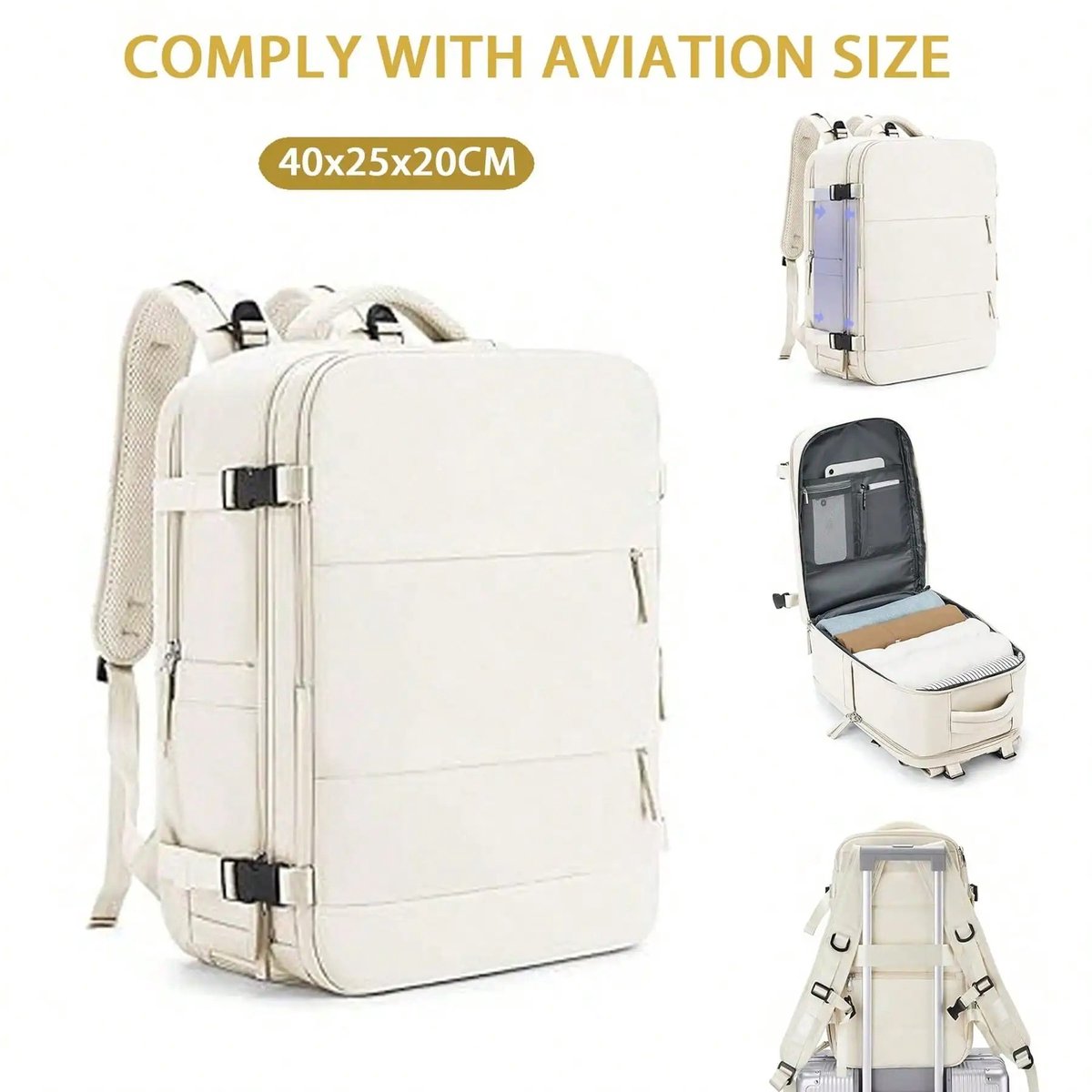 Cherrys Finds - Reisrugzak - Rugzak - Lichtgewicht Handbagage Reisrugzak – Waterafstotend en Compact – Reizen, Zaken, Zakenreizen, Weekend - Vliegtuig Rugzak - 40x20x25 cm - Beige