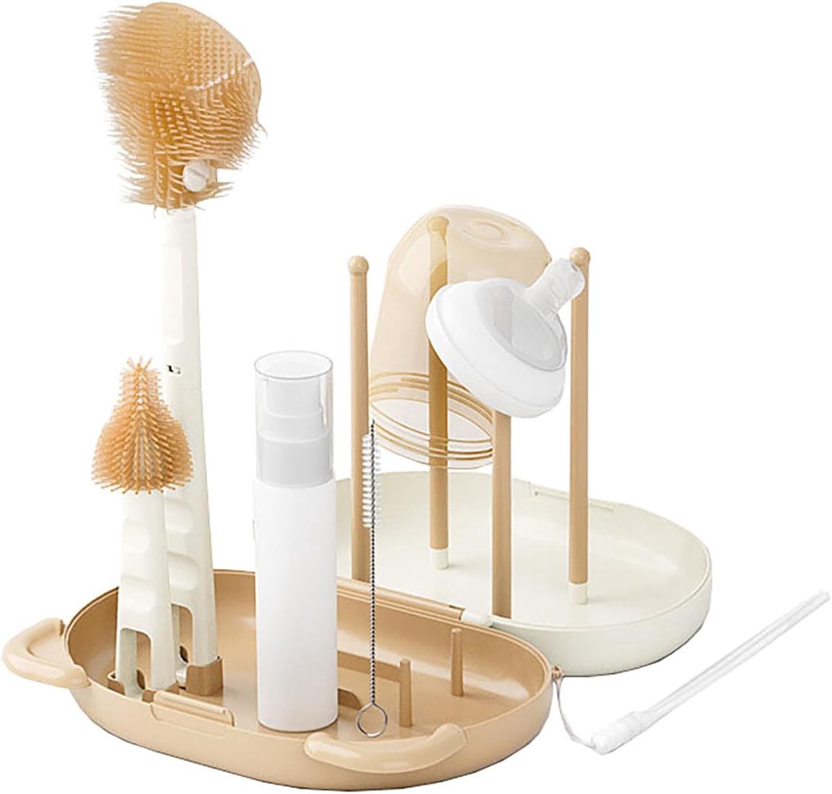 Flessenborstel baby - Beige - Draagbare set met fopspeenborstel, stroborstel, afdruiprek en doos - BPA-vrij veilig materiaal